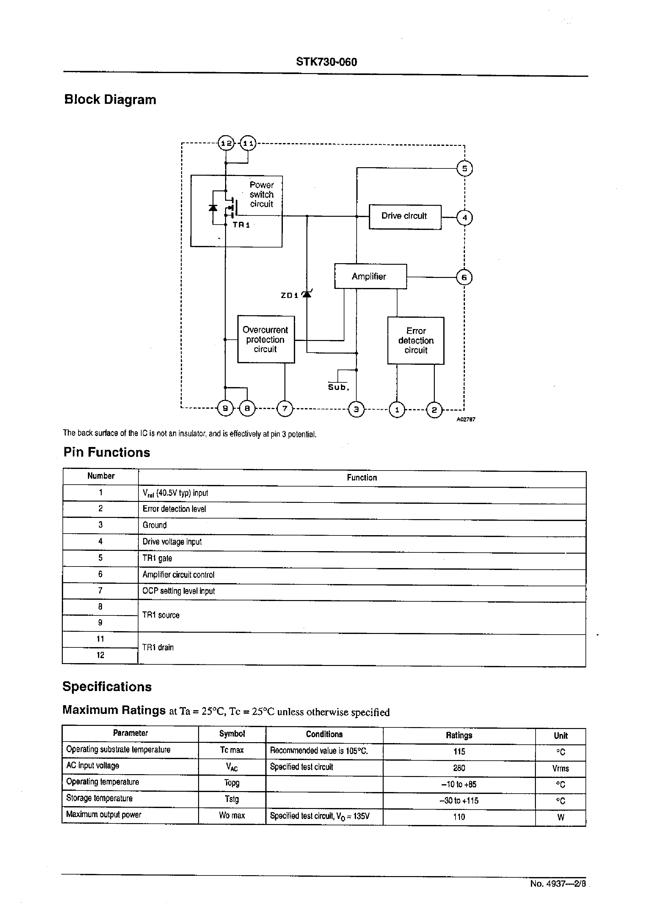 Datasheet STK730-060 - Self-Excitation Type Semi-Regulated (World Spec) Switching Regulator page 2