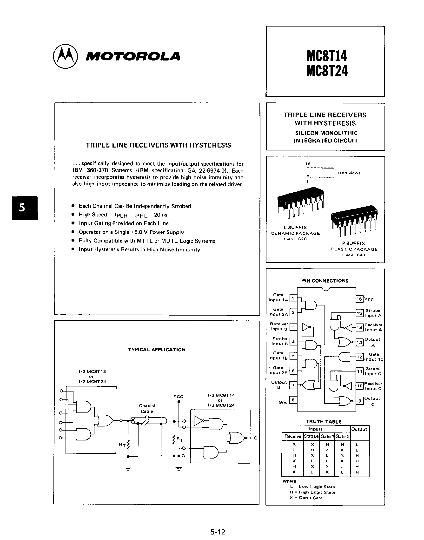 Даташит MC8T24 - (MC8T14) Triple Line Receivers with Hysteresis страница 1