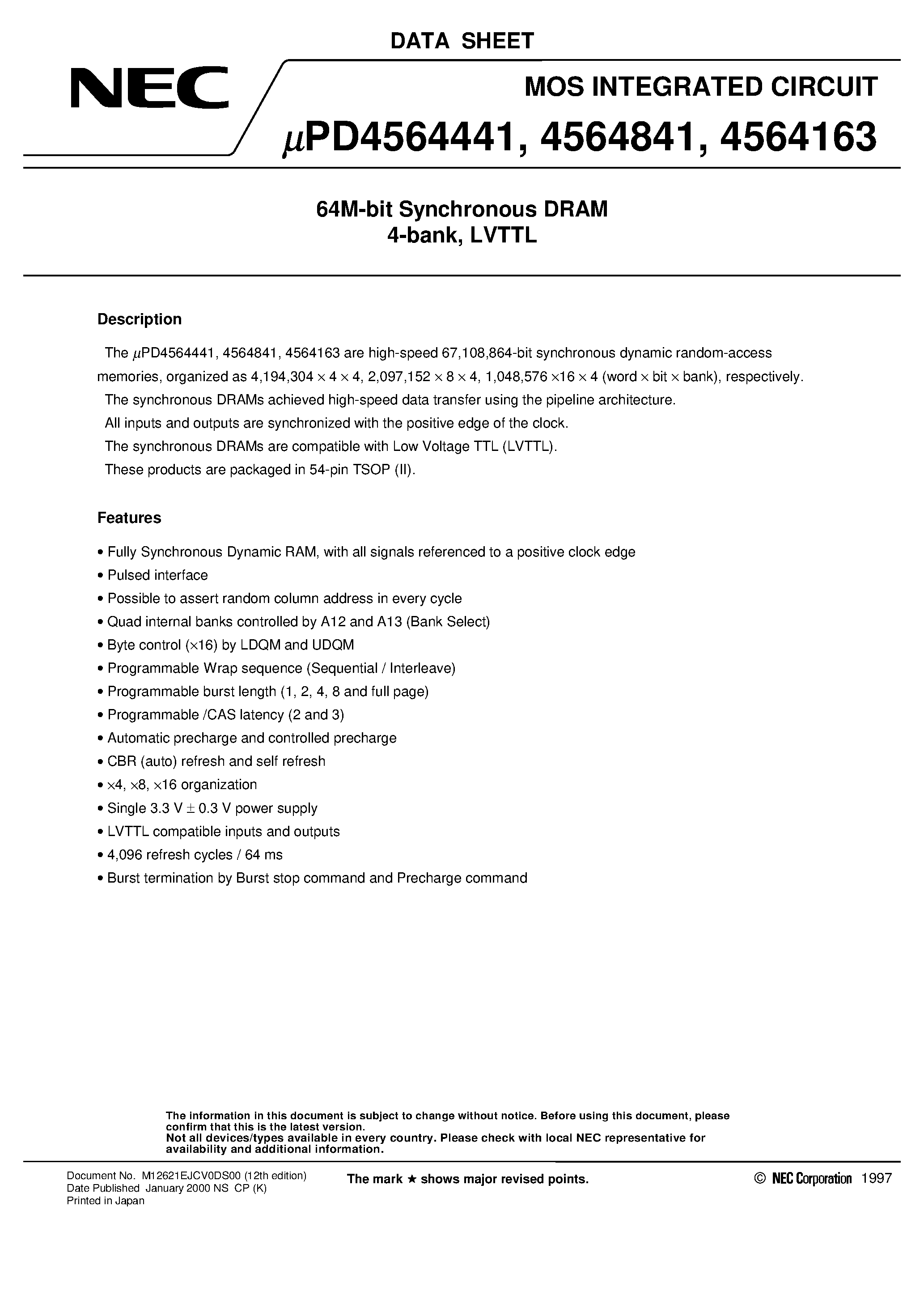 Datasheet UPD4564163G5 - 64M Bit SDRAM / 4 Bank page 1