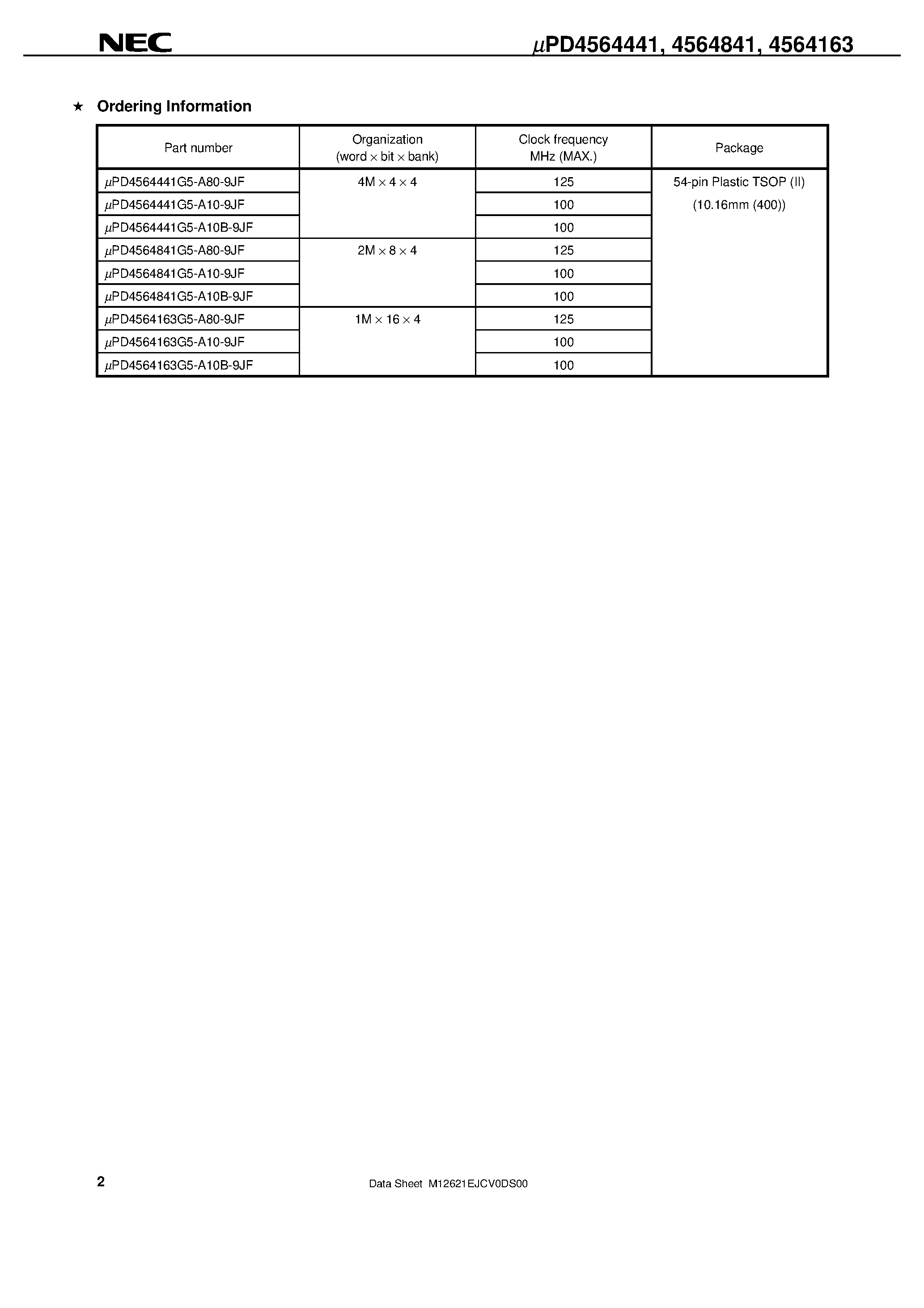 Datasheet UPD4564163G5 - 64M Bit SDRAM / 4 Bank page 2