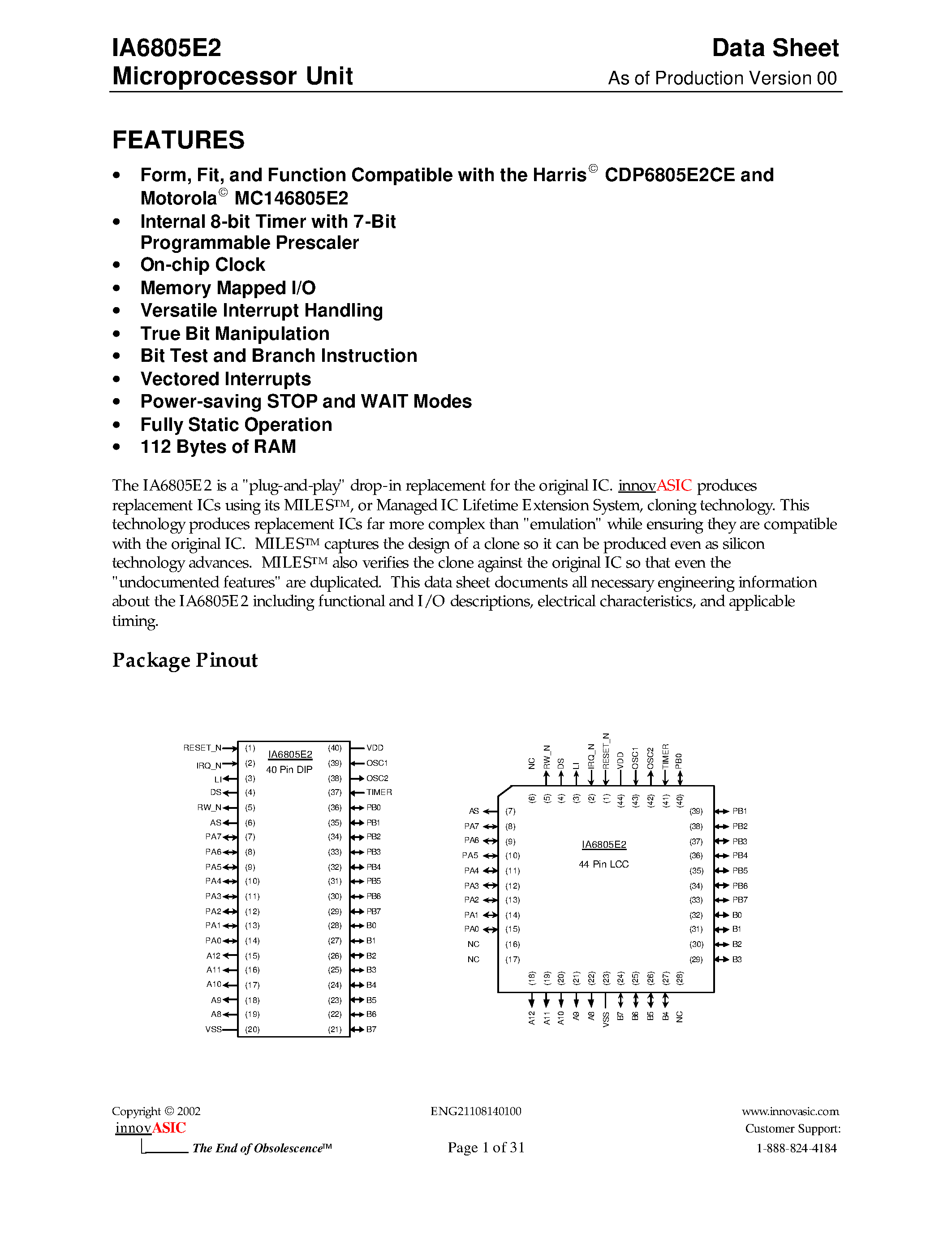 Datasheet MC146805E2 - Microprocessor Unit page 1