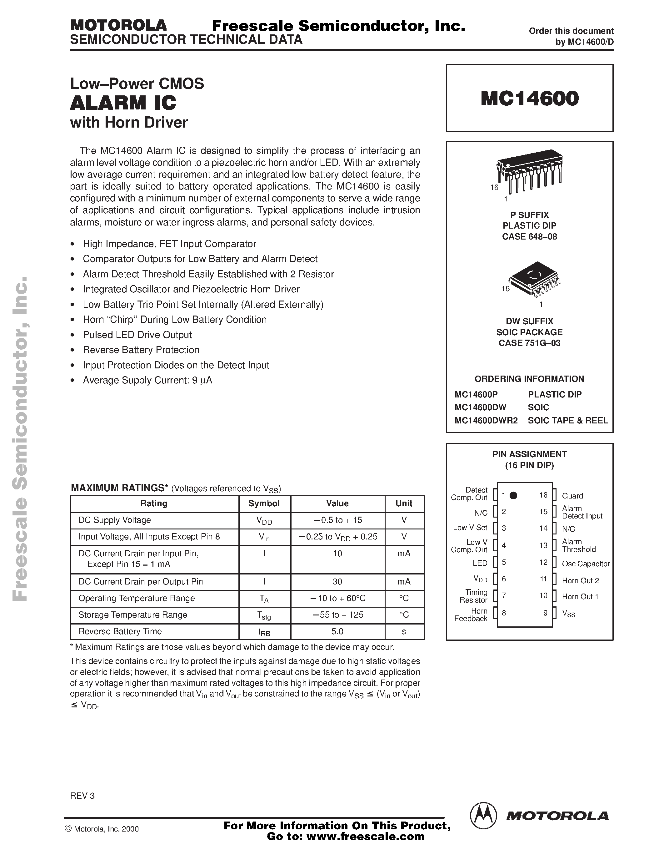 Datasheet MC14600 - Alarm IC page 1