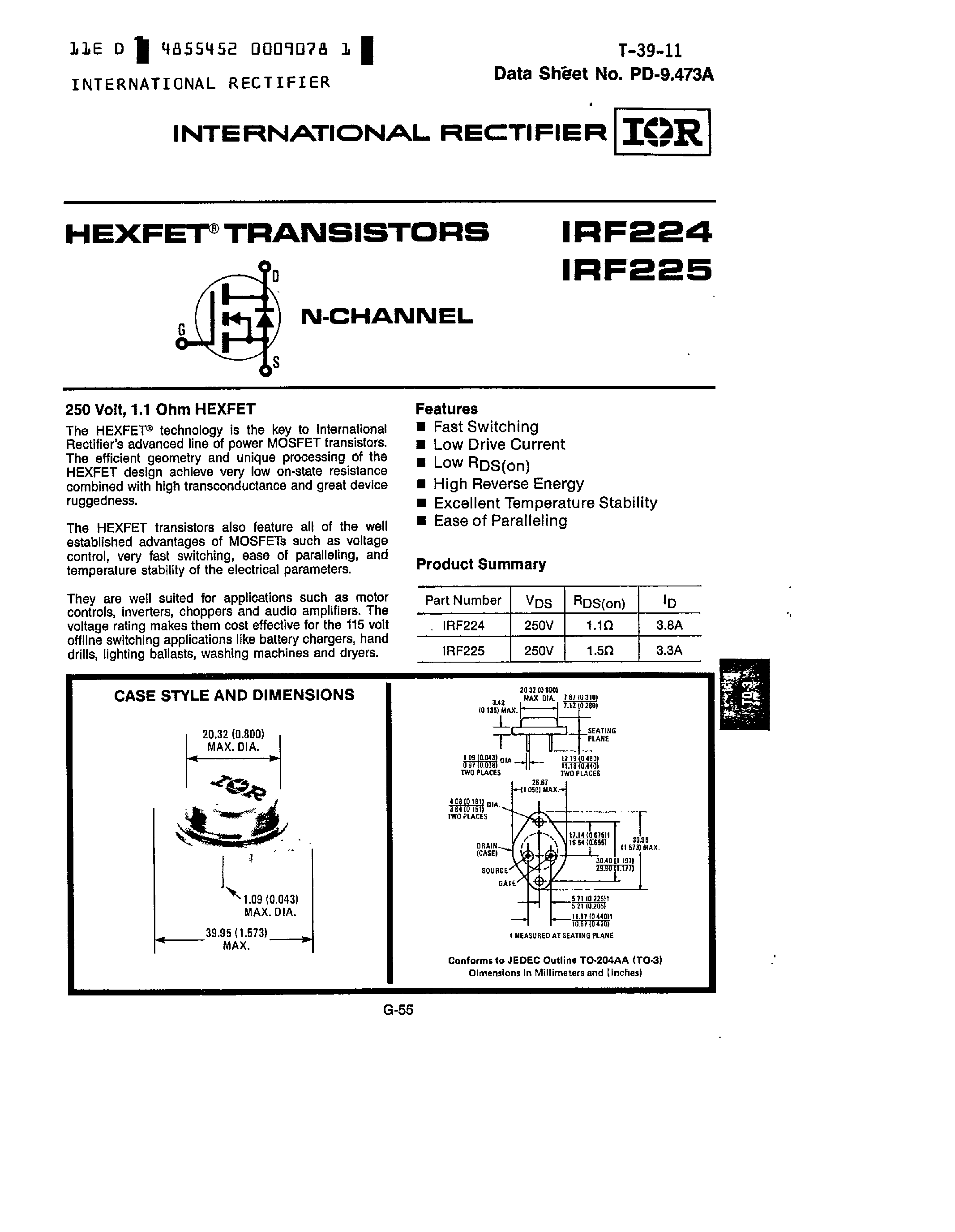 Даташит IRF224 - (IRF225) HEXFET Transistors страница 1