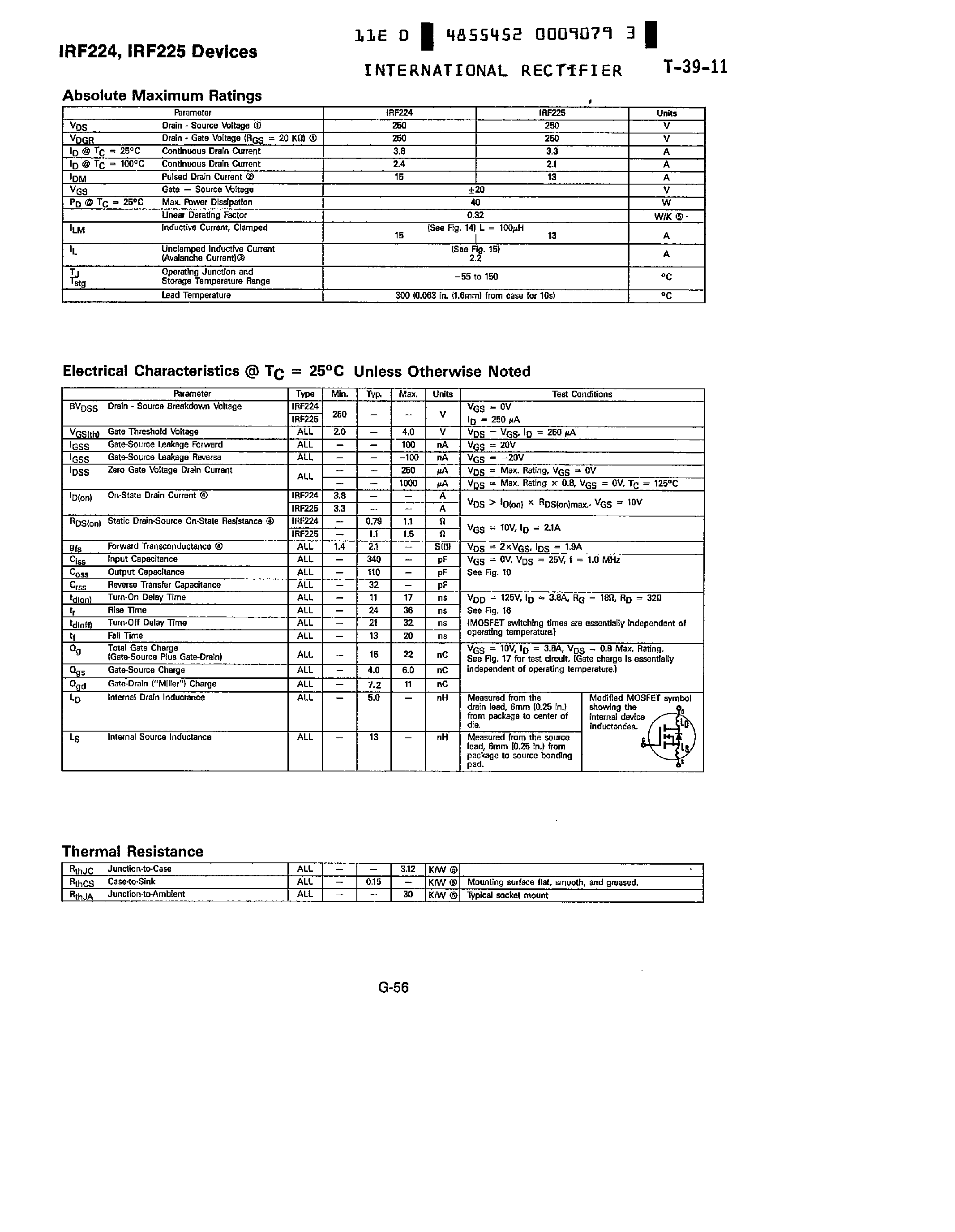 Даташит IRF224 - (IRF225) HEXFET Transistors страница 2