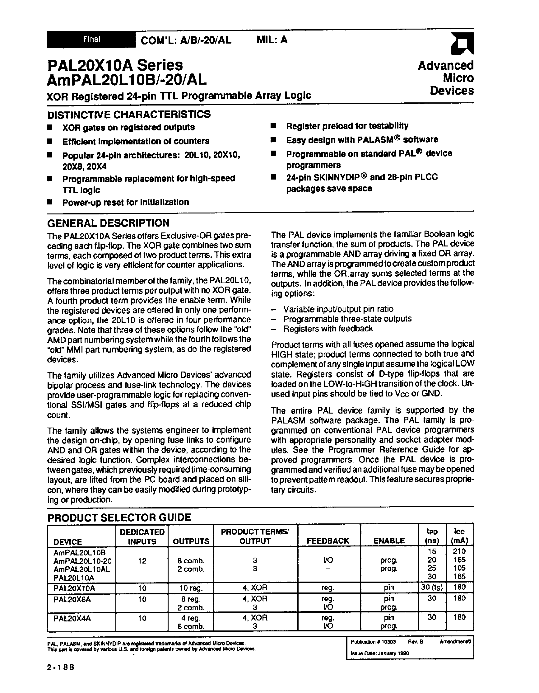 Даташит PAL20X10A - XOR Registered 24 Pin TTL Programmable Array Logic страница 1