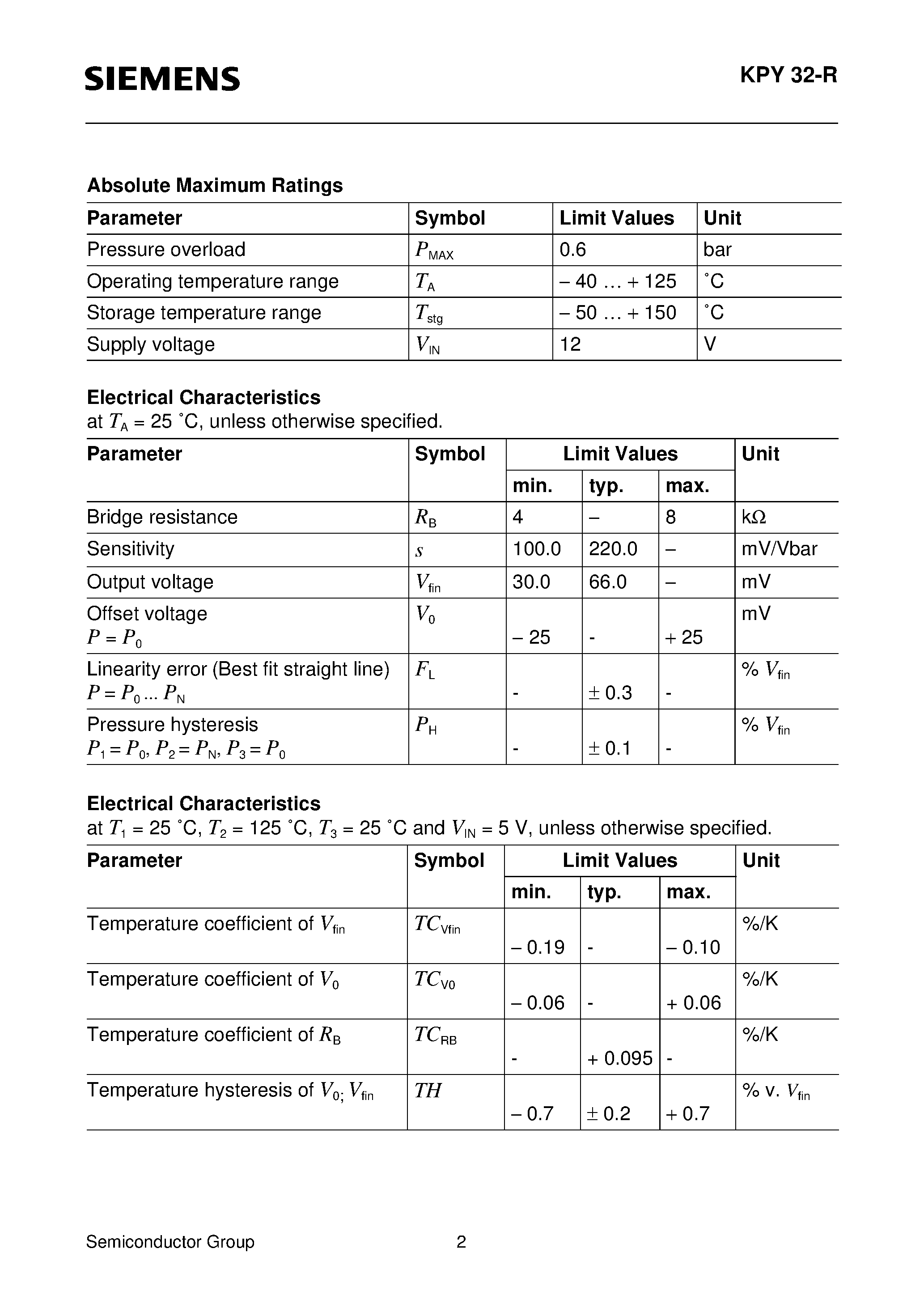 Datasheet KPY32-R - Silicon Piezoresistive Relative Pressure Sensor page 2