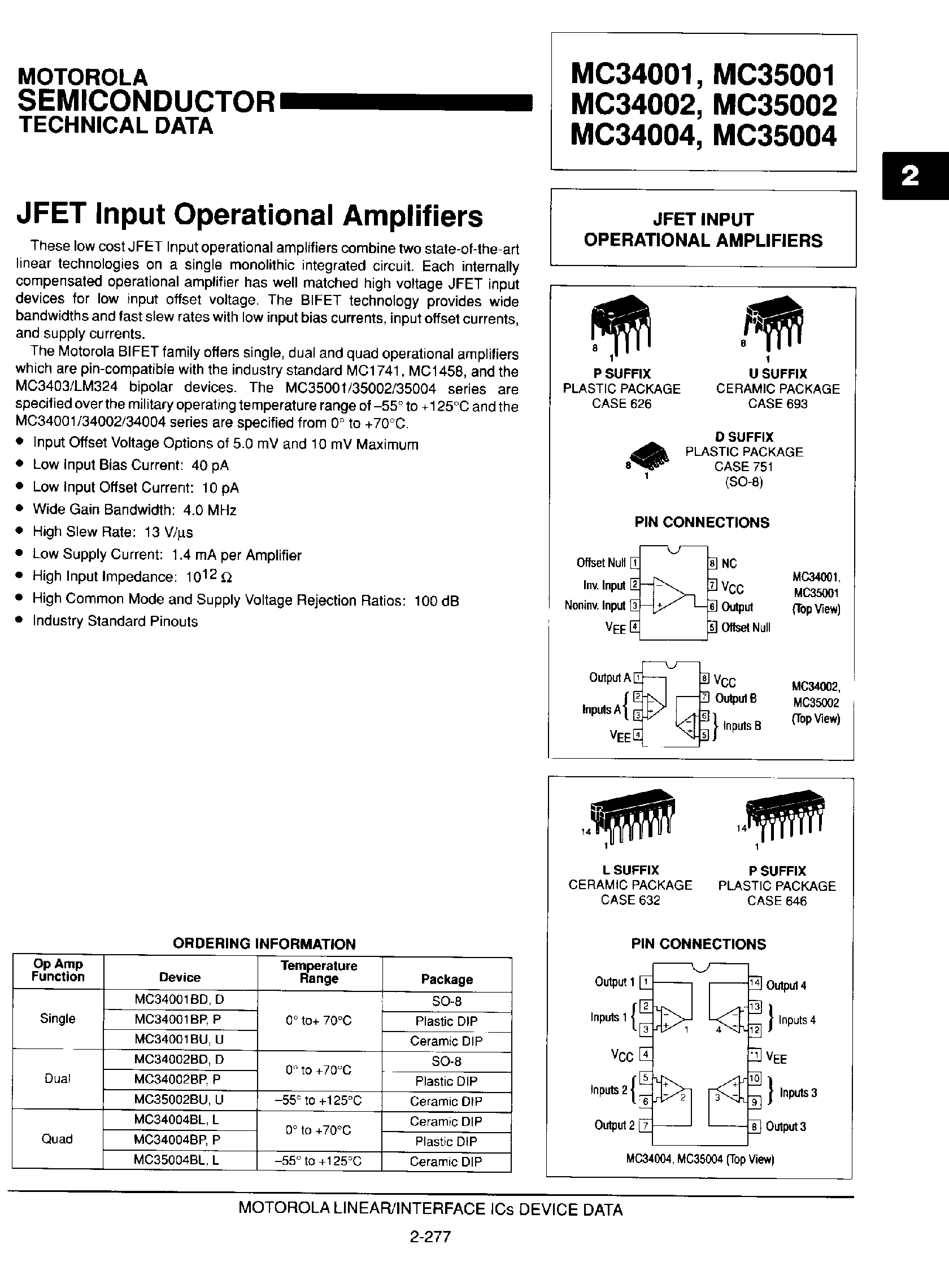 Даташит MC35001 - (MC35002 / MC35004) JFET Input Operational Amplifiers страница 1