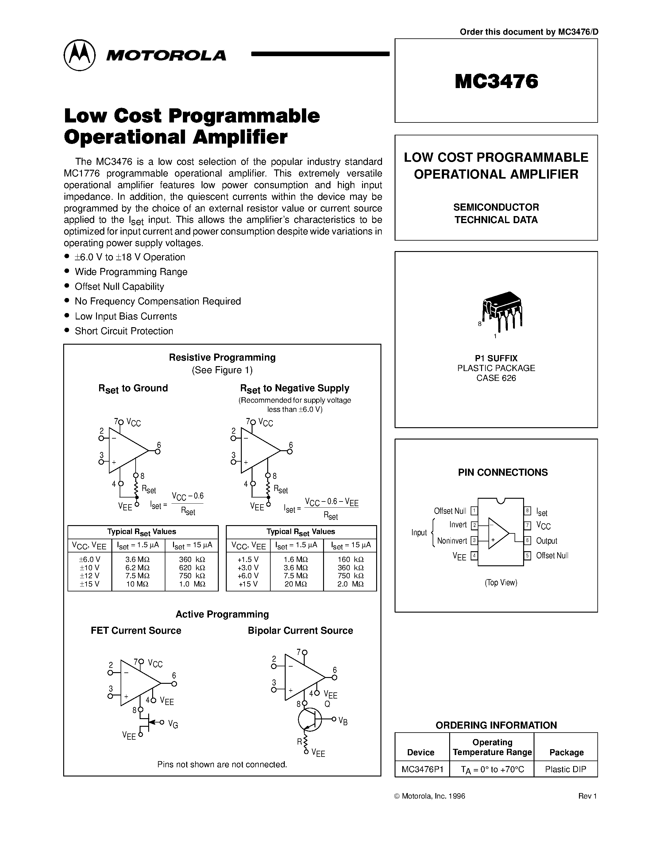 Даташит MC3476 - LOW COST PROGRAMMABLE OPERATIONAL AMPLIFIER страница 1