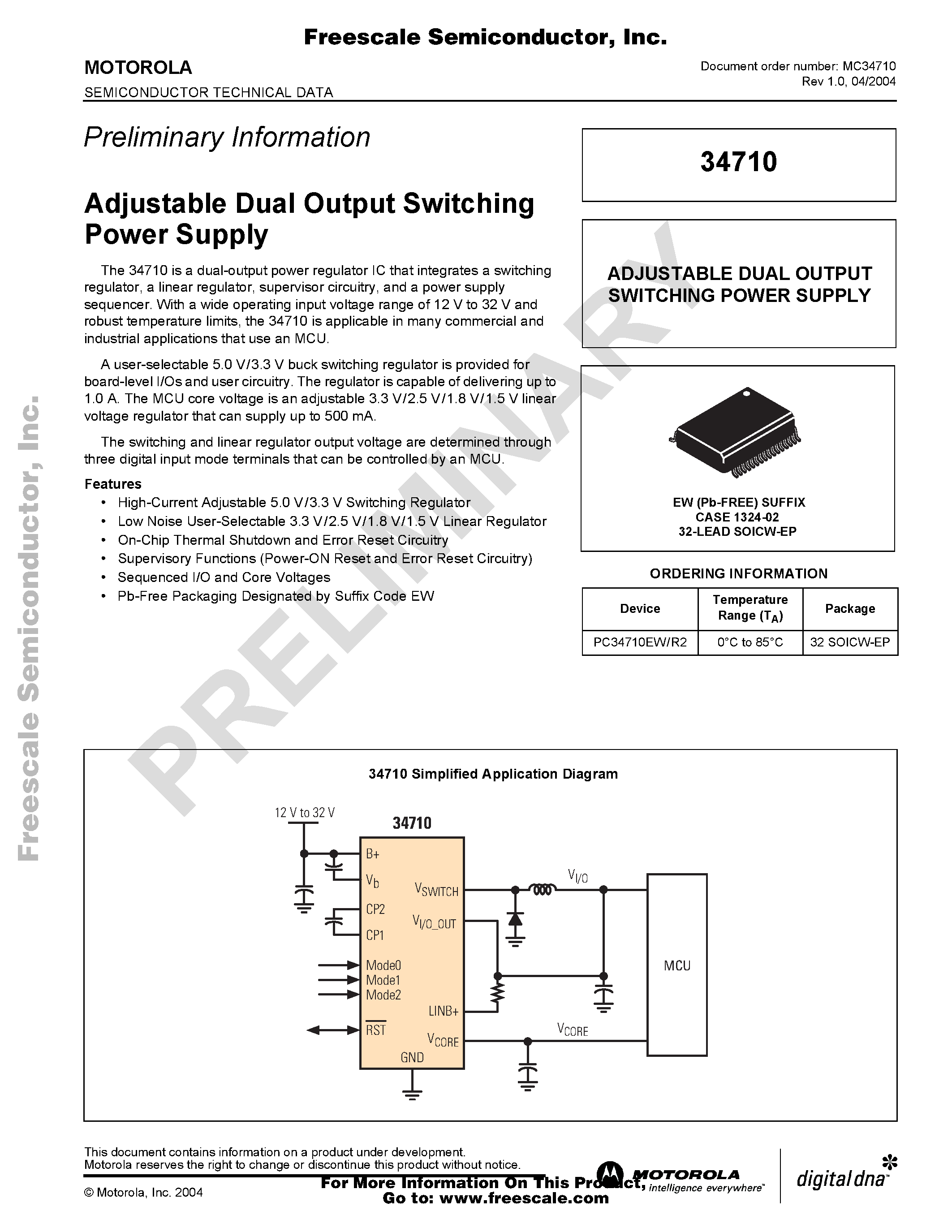 Даташит MC34710 - Adjustable Dual Output Switching Power Supply страница 1