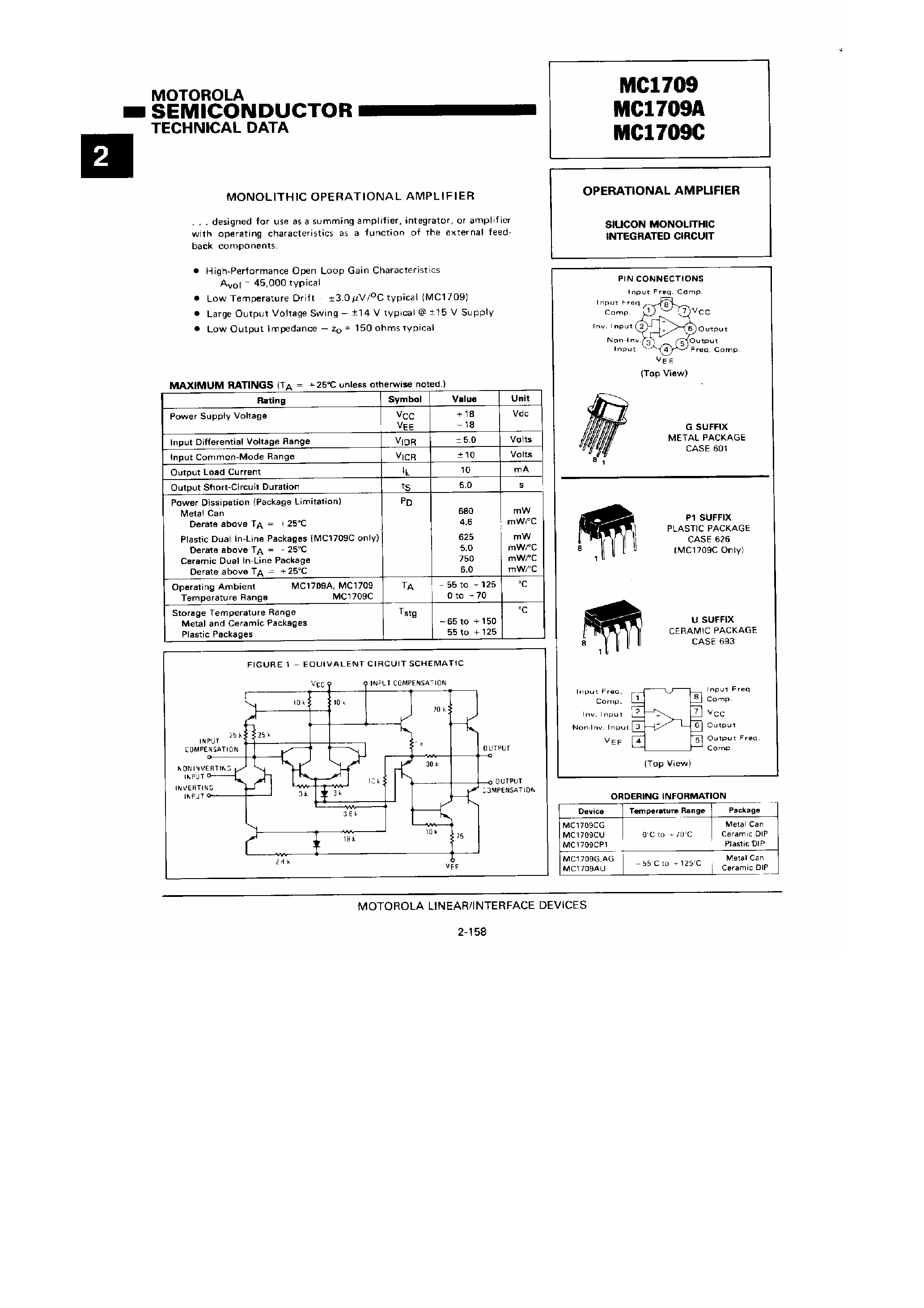 Datasheet MC1709 - Operational Amplifier page 1