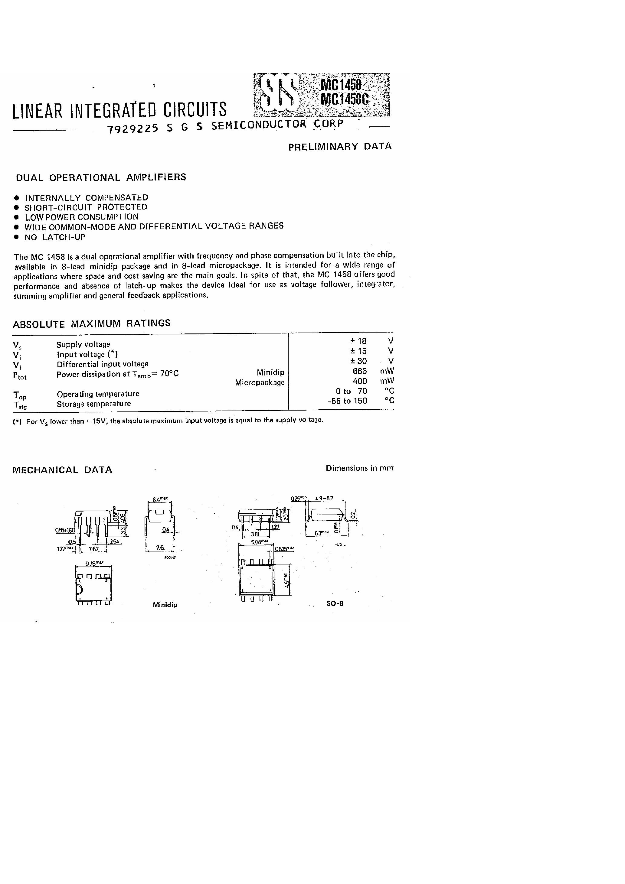 Даташит MC1458 - Dual Operational Amplifiers страница 1