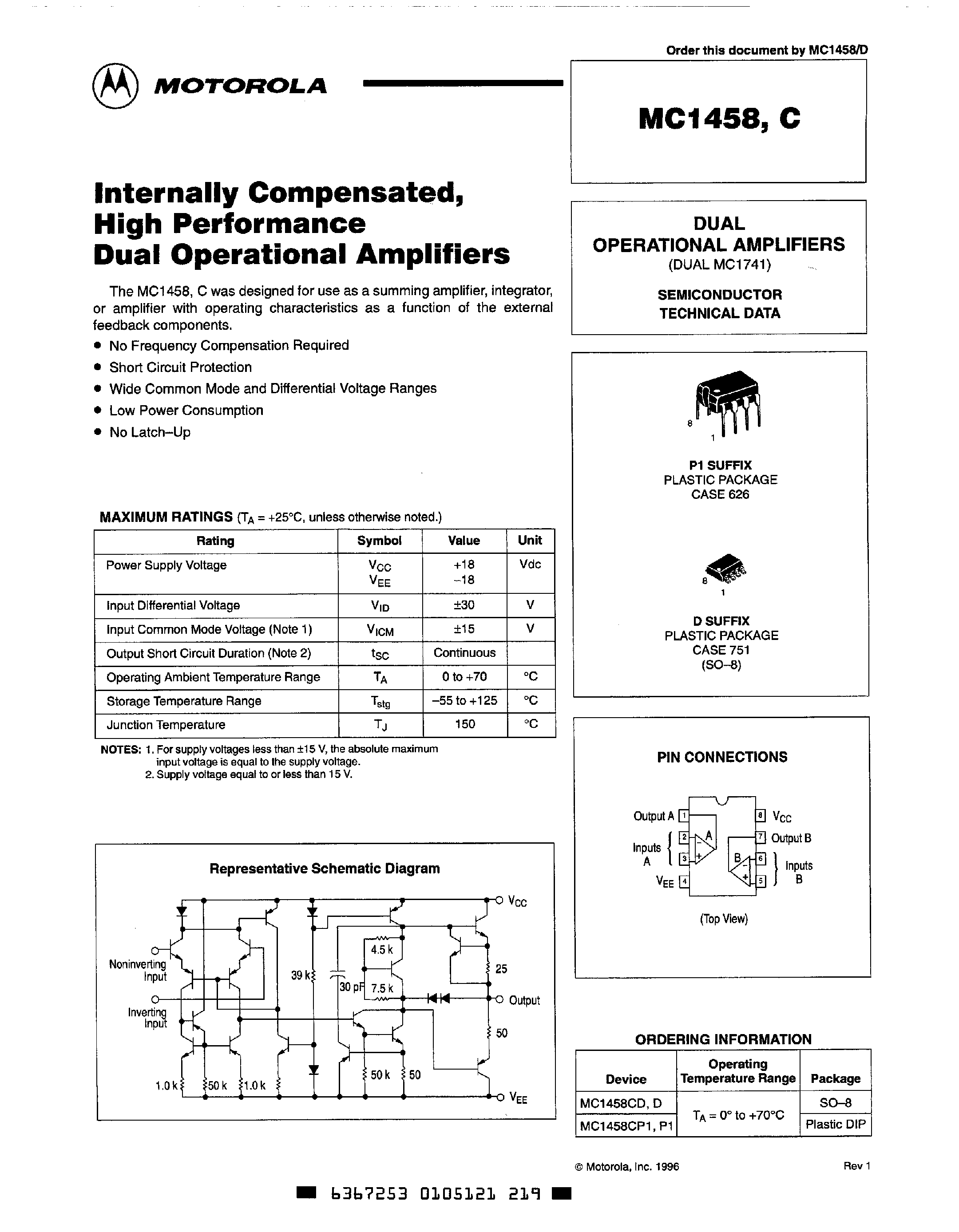 Datasheet MC1458 - Dual Operational Amplifiers page 1