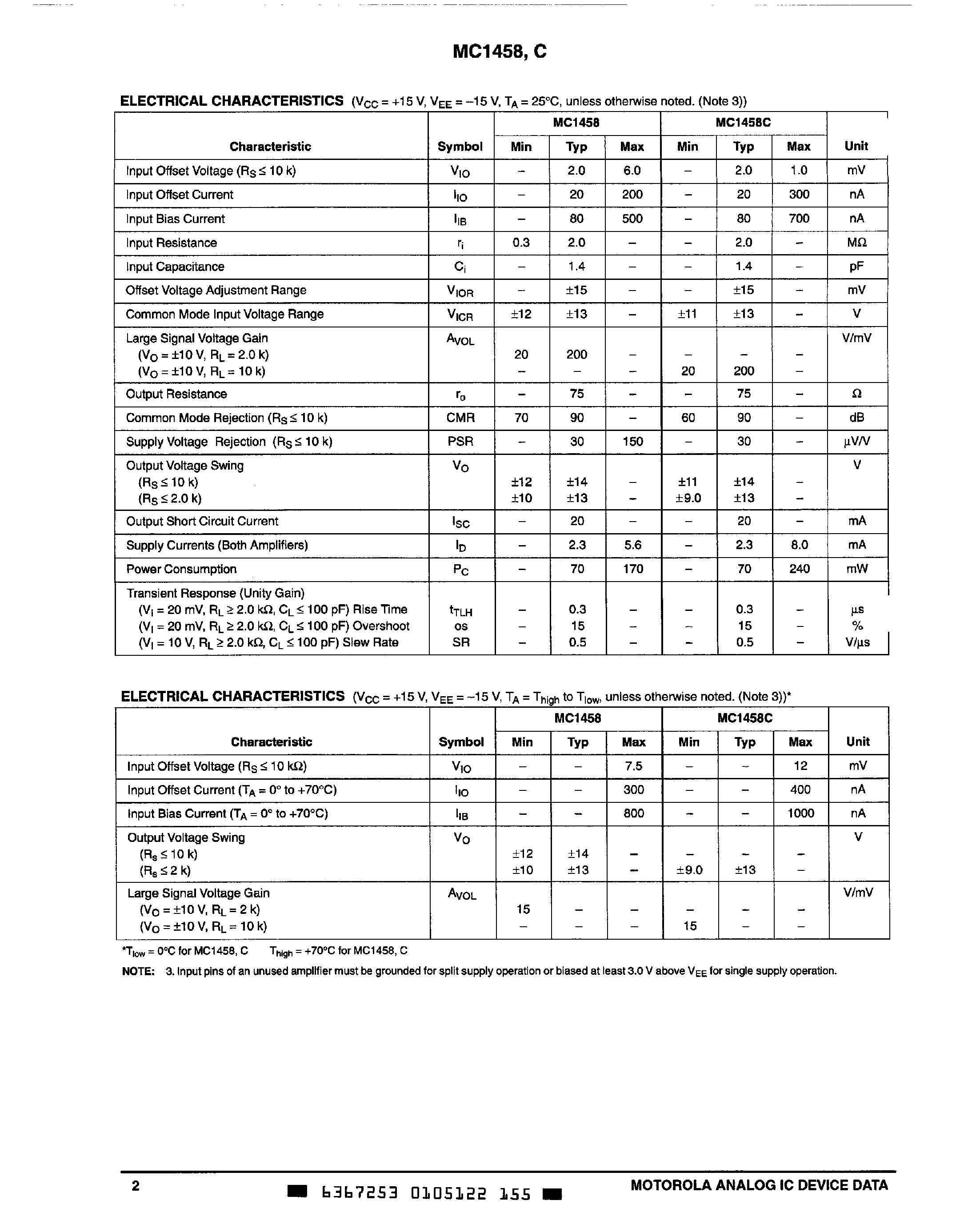 Datasheet MC1458 - Dual Operational Amplifiers page 2