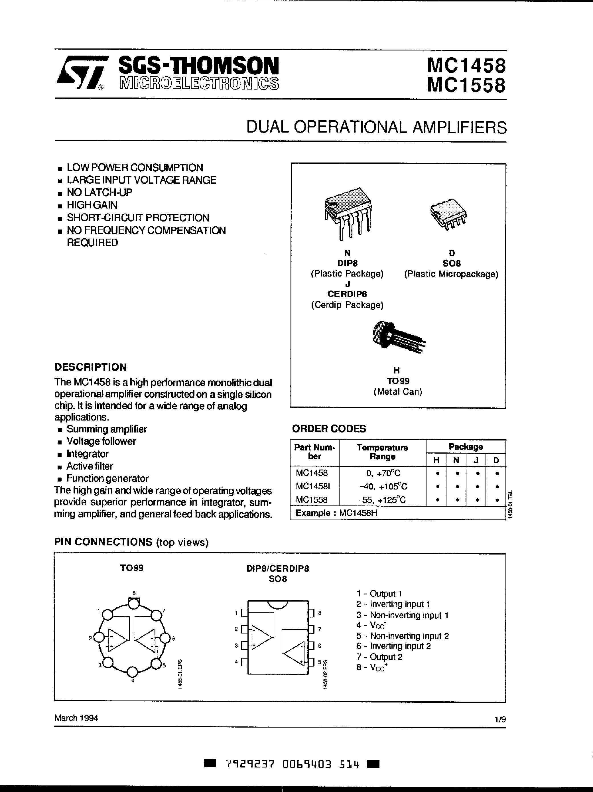 Даташит MC1458 - Dual Operational Amplifiers страница 1