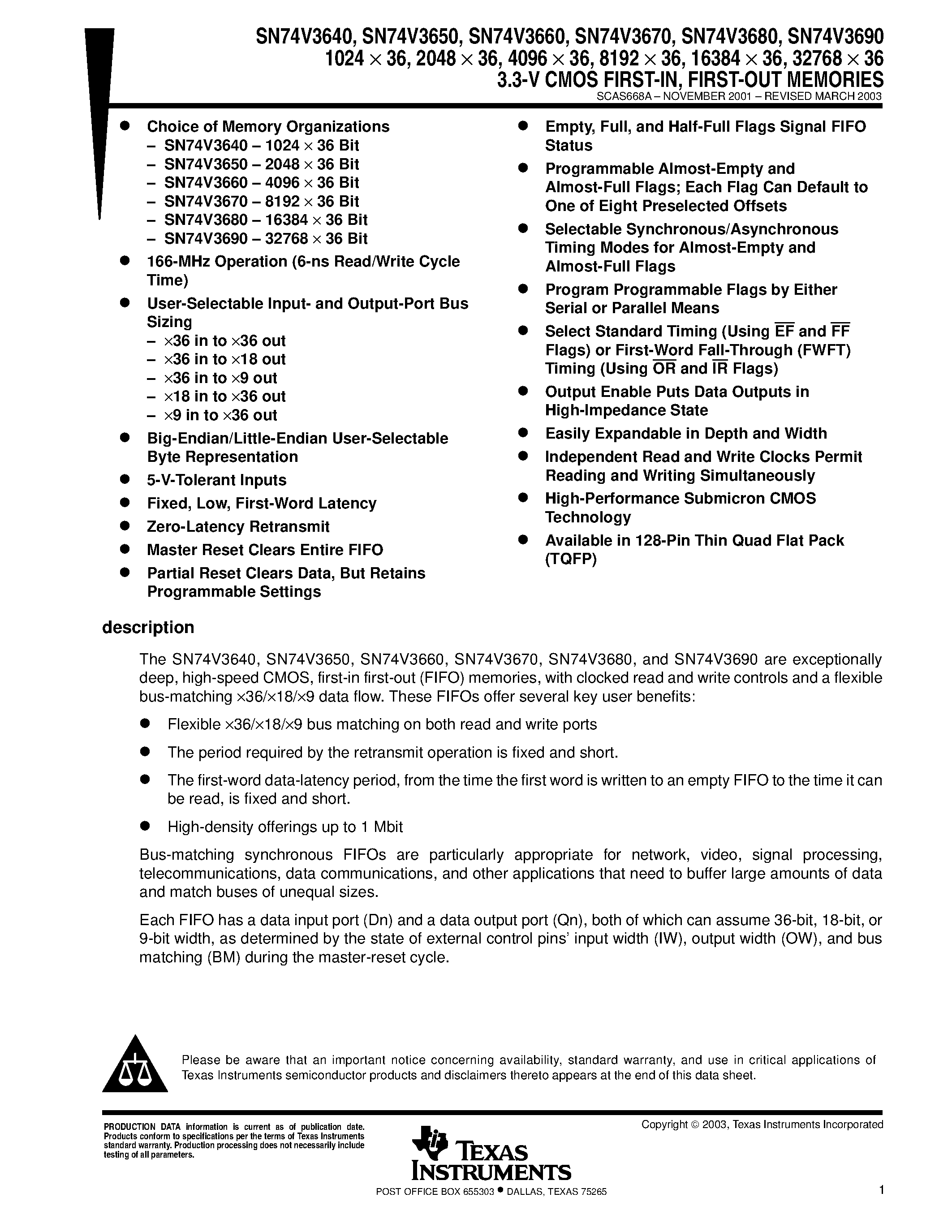 Даташит SN74V3650 - 3.3-V CMOS FIRST-IN / FIRST-OUT MEMORIES страница 1