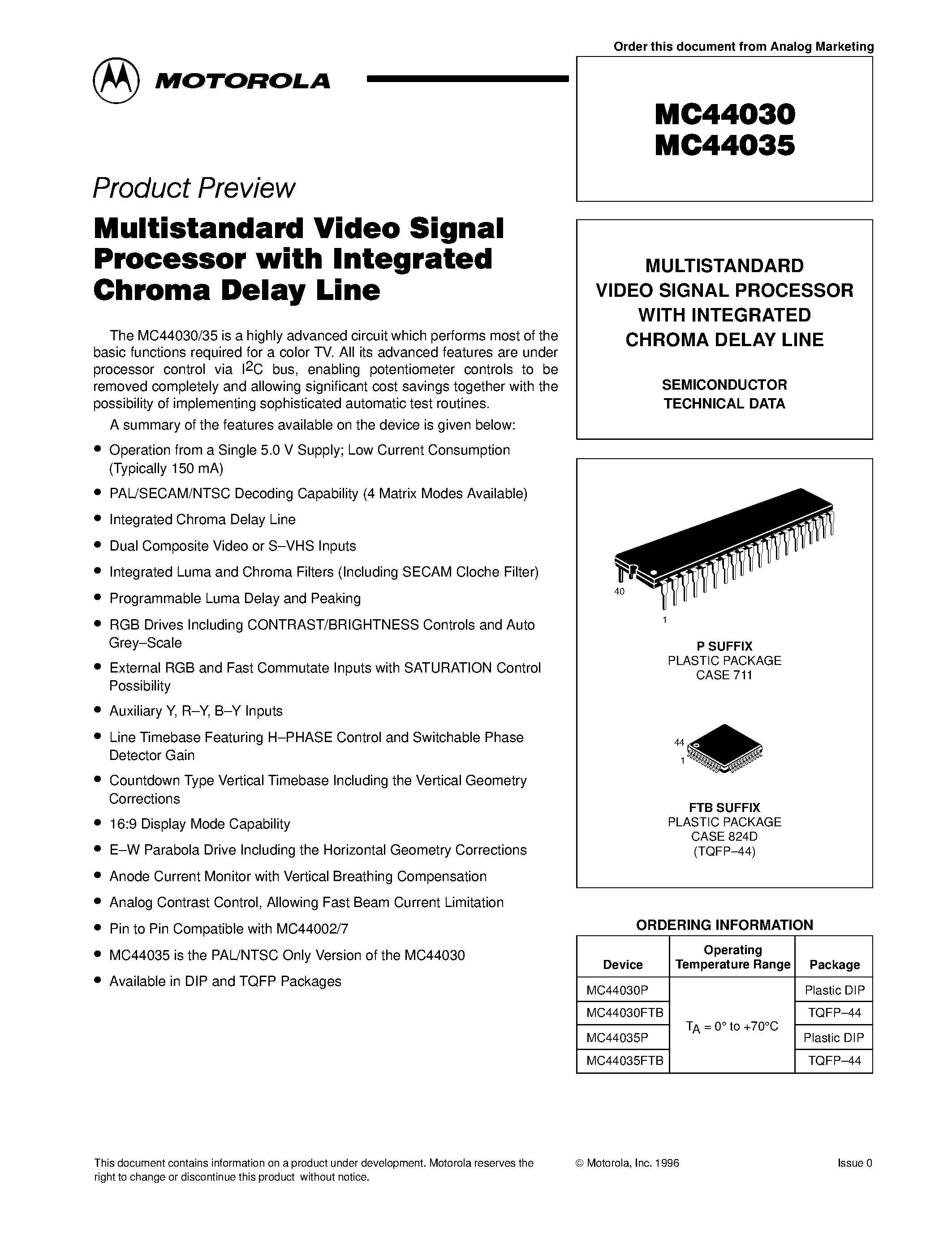 Datasheet MC44030 - (MC44035) MULTISTANDARD VIDEO SIGNAL PROCESSOR WITH INTEGRATED CHROMA DELAY LINE page 1