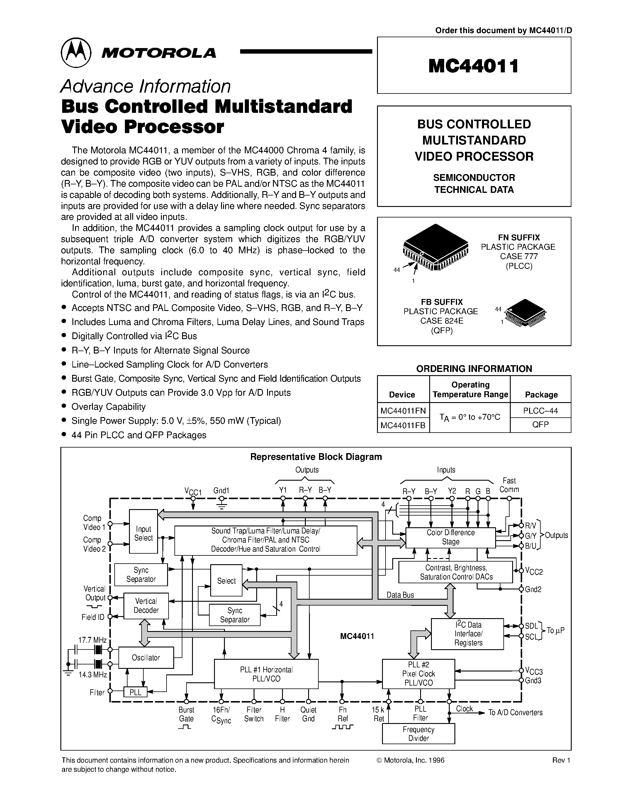 Datasheet MC44011 - BUS CONTROLLED MULTISTANDARD VIDEO PROCESSOR page 1