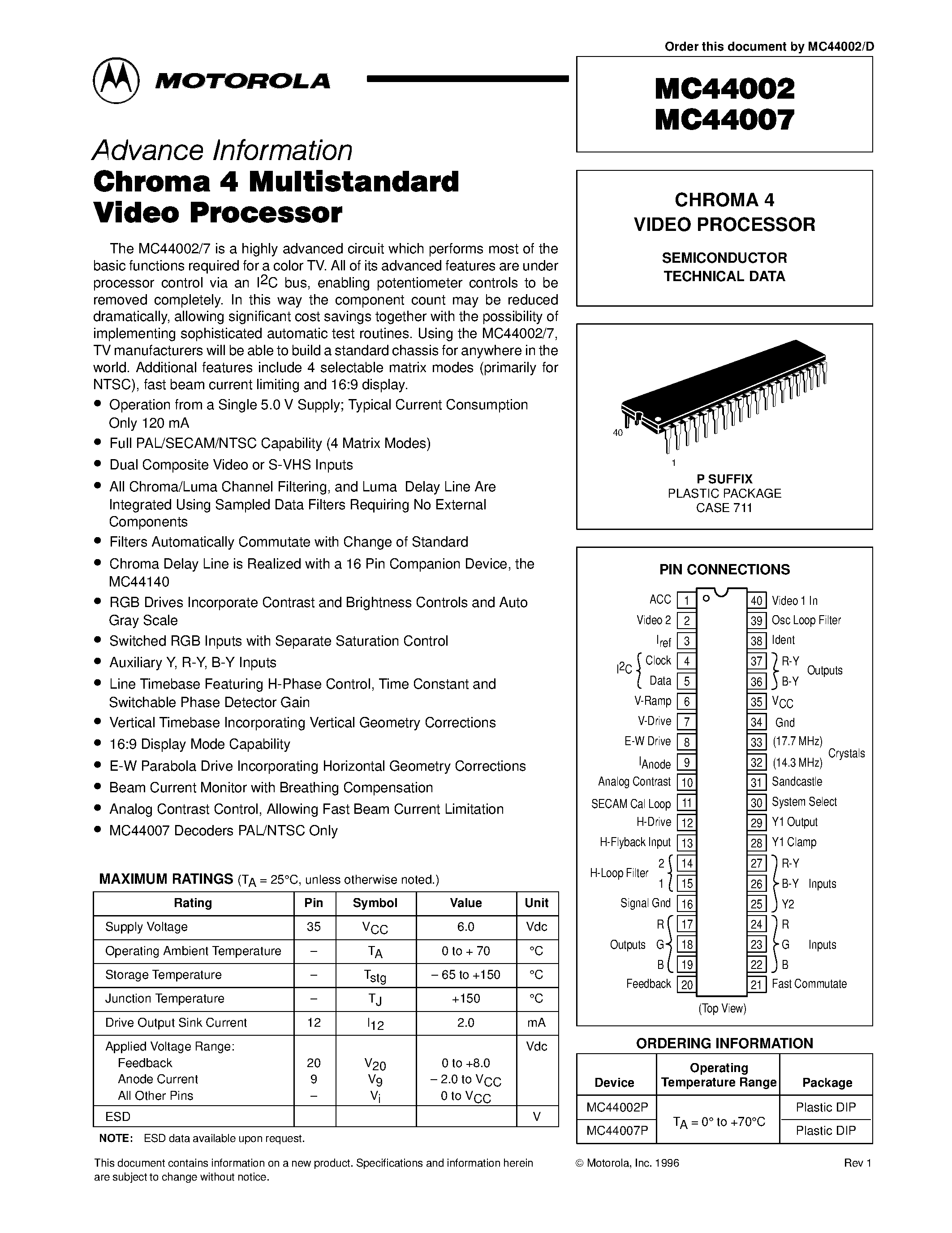 Datasheet MC44002 - (MC44007) CHROMA 4 VIDEO PROCESSOR page 1