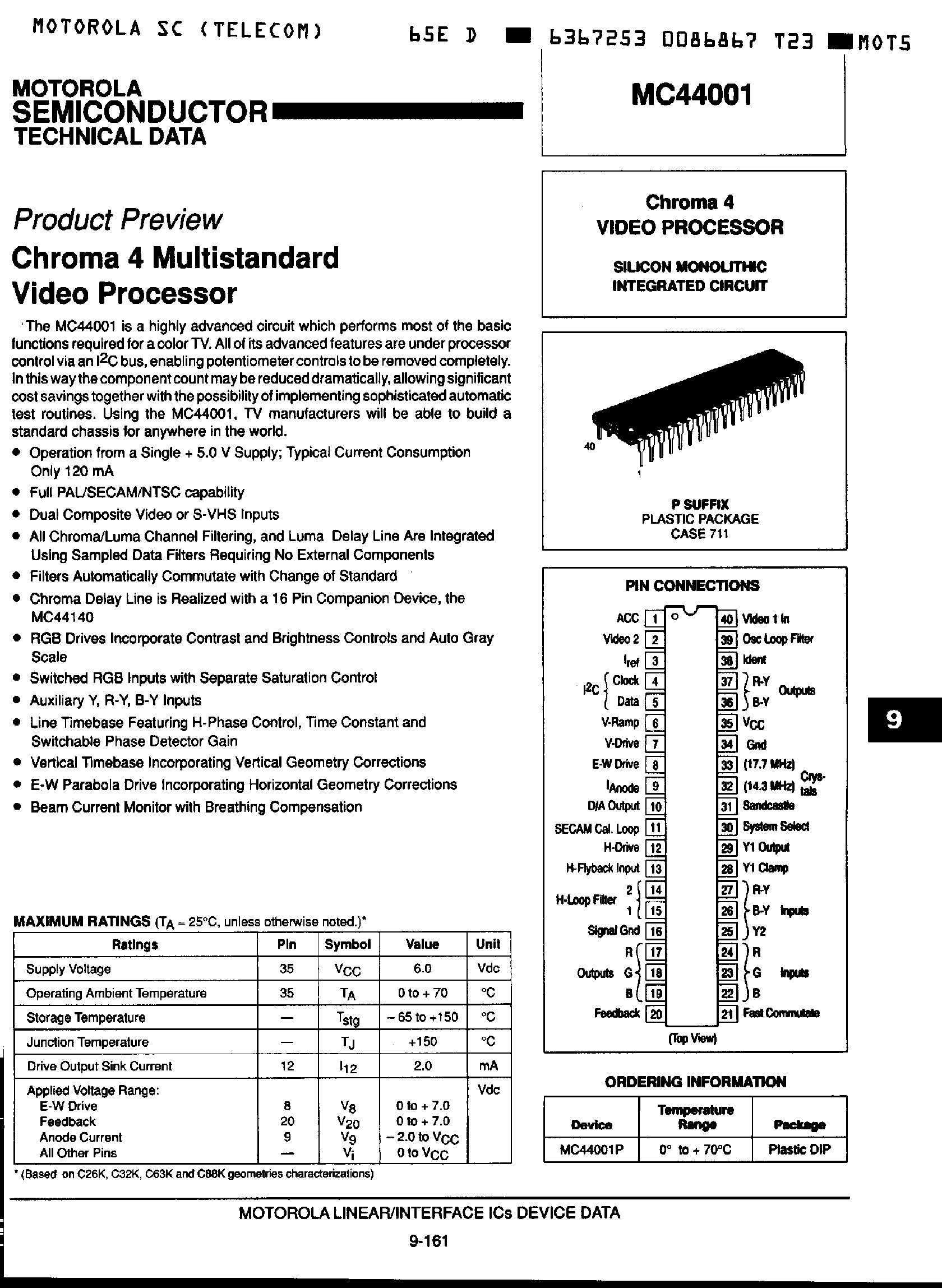 Datasheet MC44001 - Chroma 4 Video Processor page 1