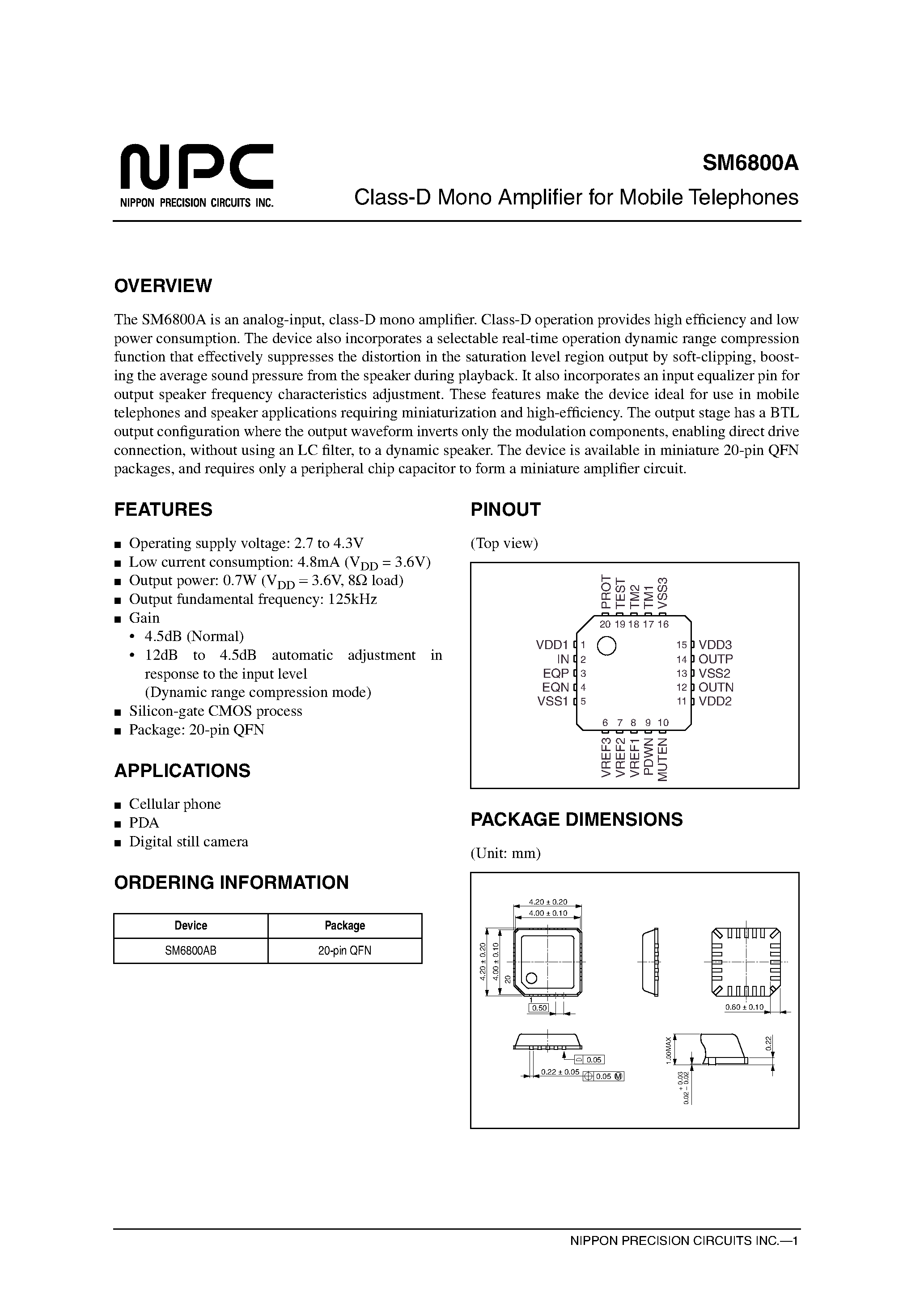 Даташит SM6800A - Class-D Mono Amplifier for Mobile Telephones страница 1