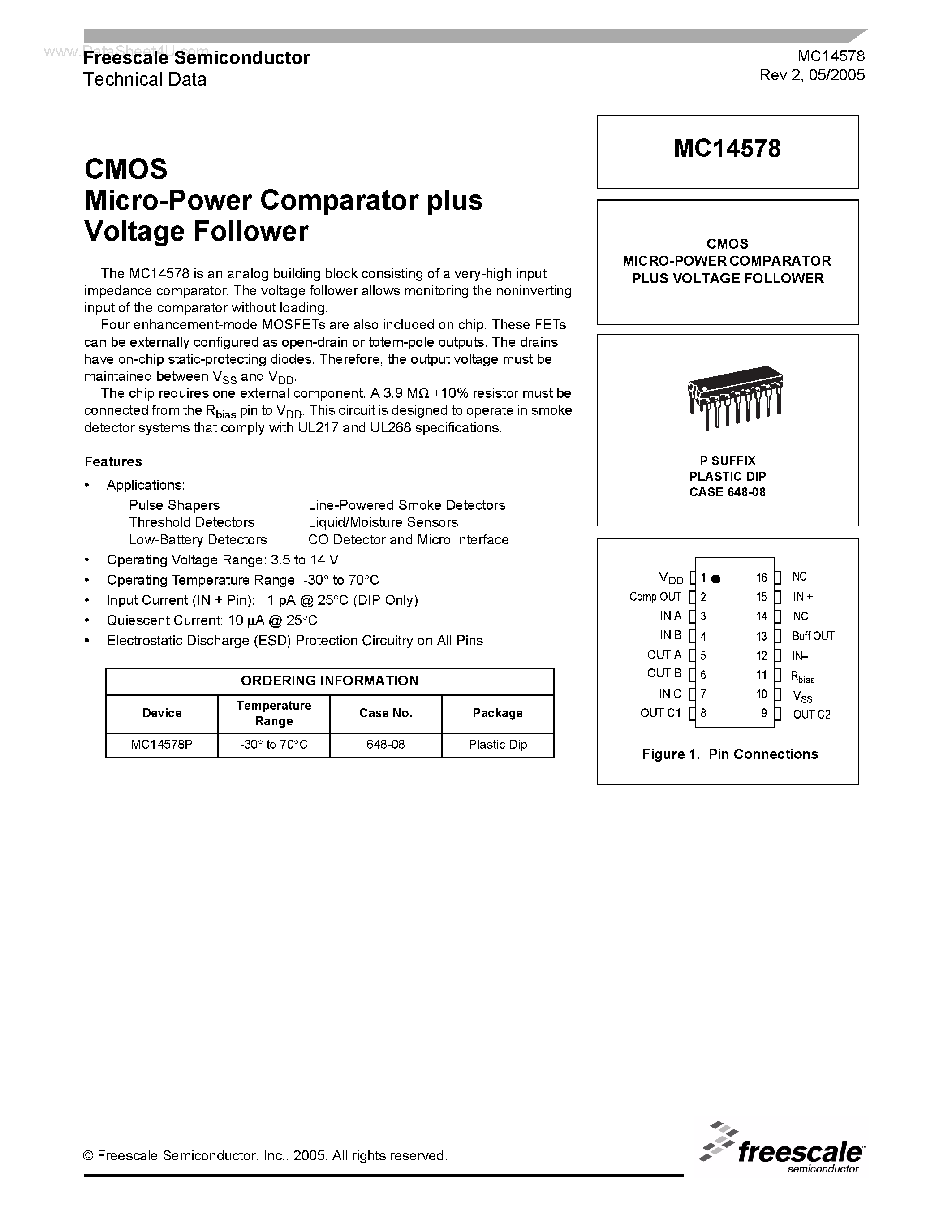 Datasheet MC14578 - Micro-Power Comparator plus Voltage Follower page 1