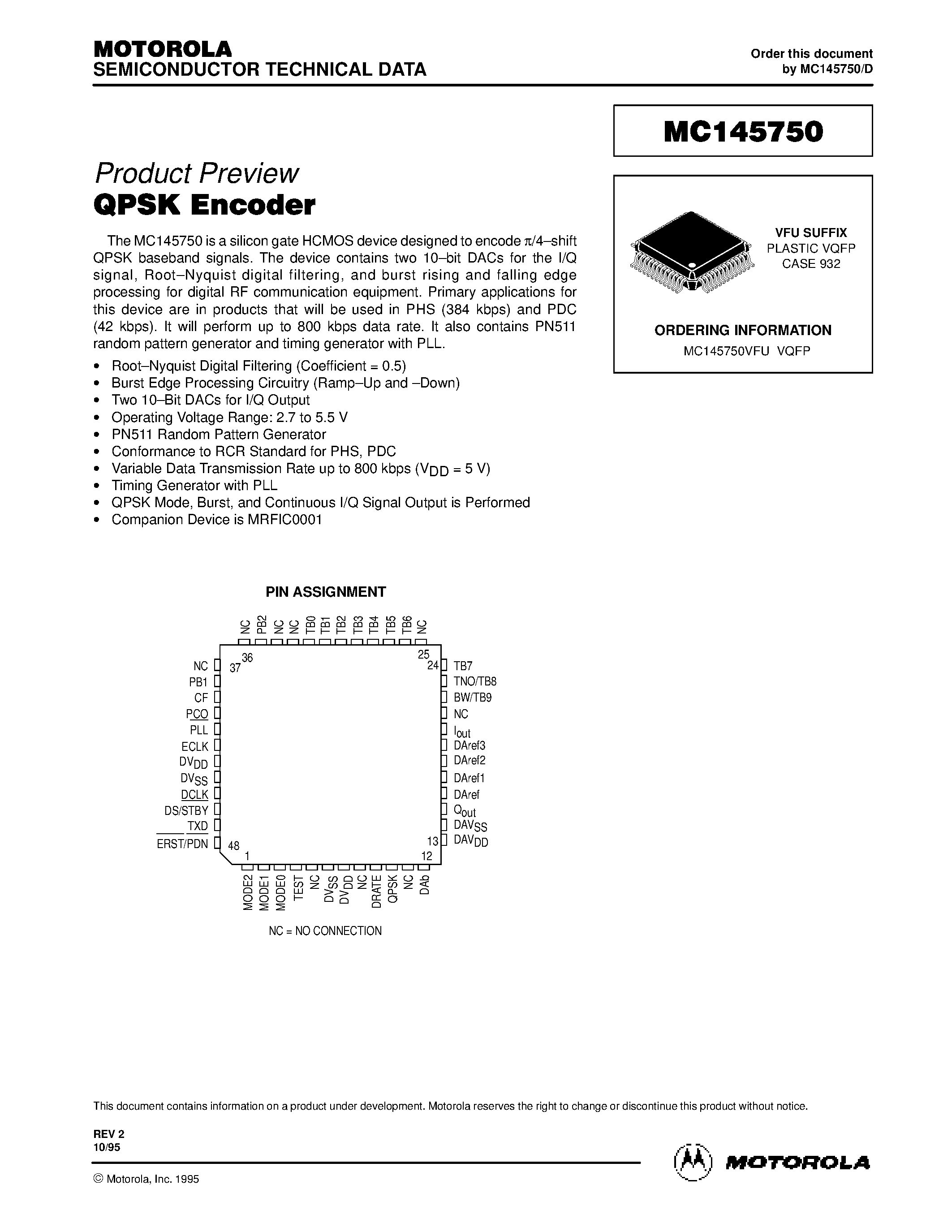 Datasheet MC145750 - QPSK Encoder page 1