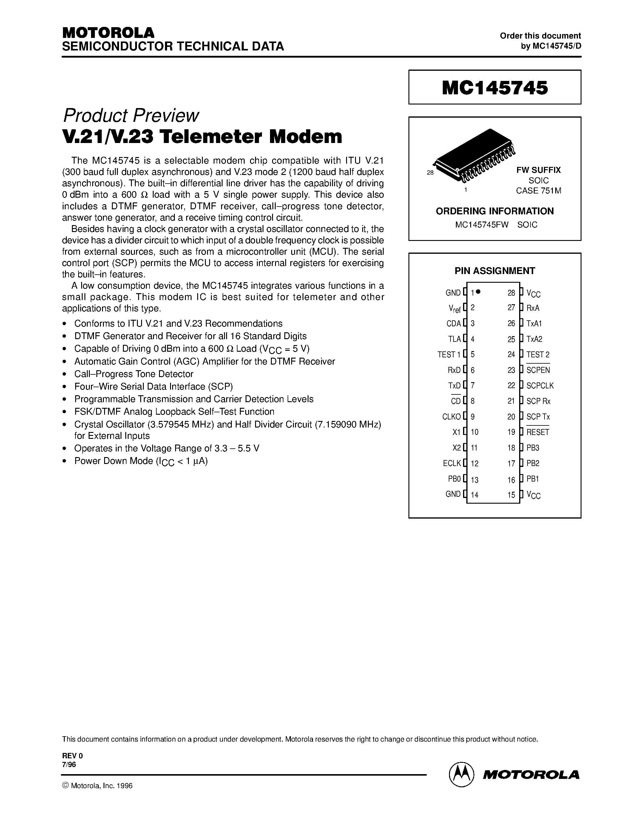 Даташит MC145745 - V.21/V.23 Telemeter Modem страница 1