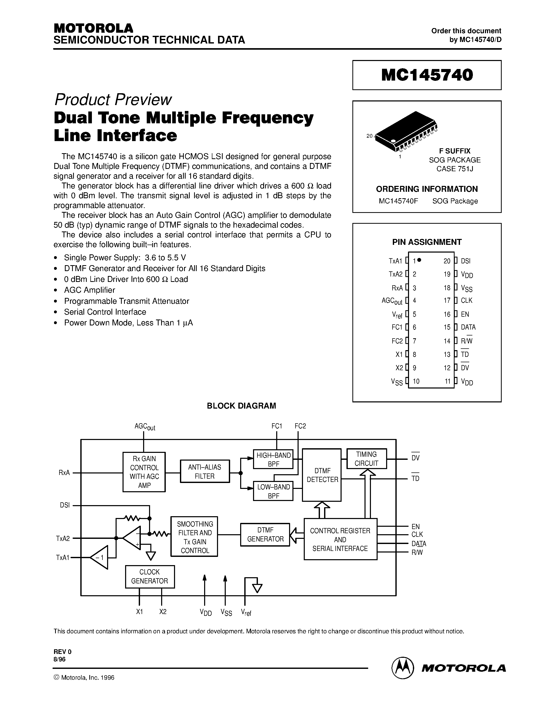 Datasheet MC145740 - Dual Tone Multiple Frequency Line Interface page 1