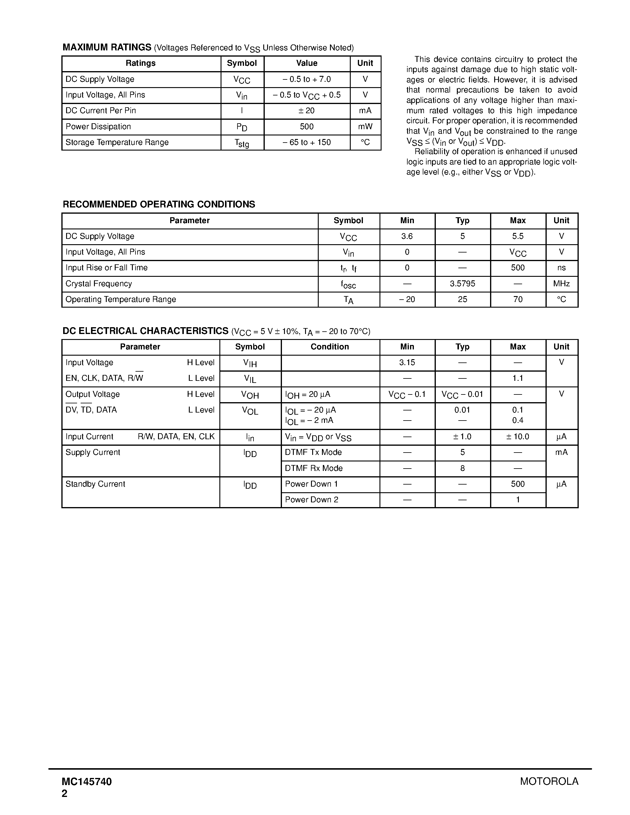 Datasheet MC145740 - Dual Tone Multiple Frequency Line Interface page 2