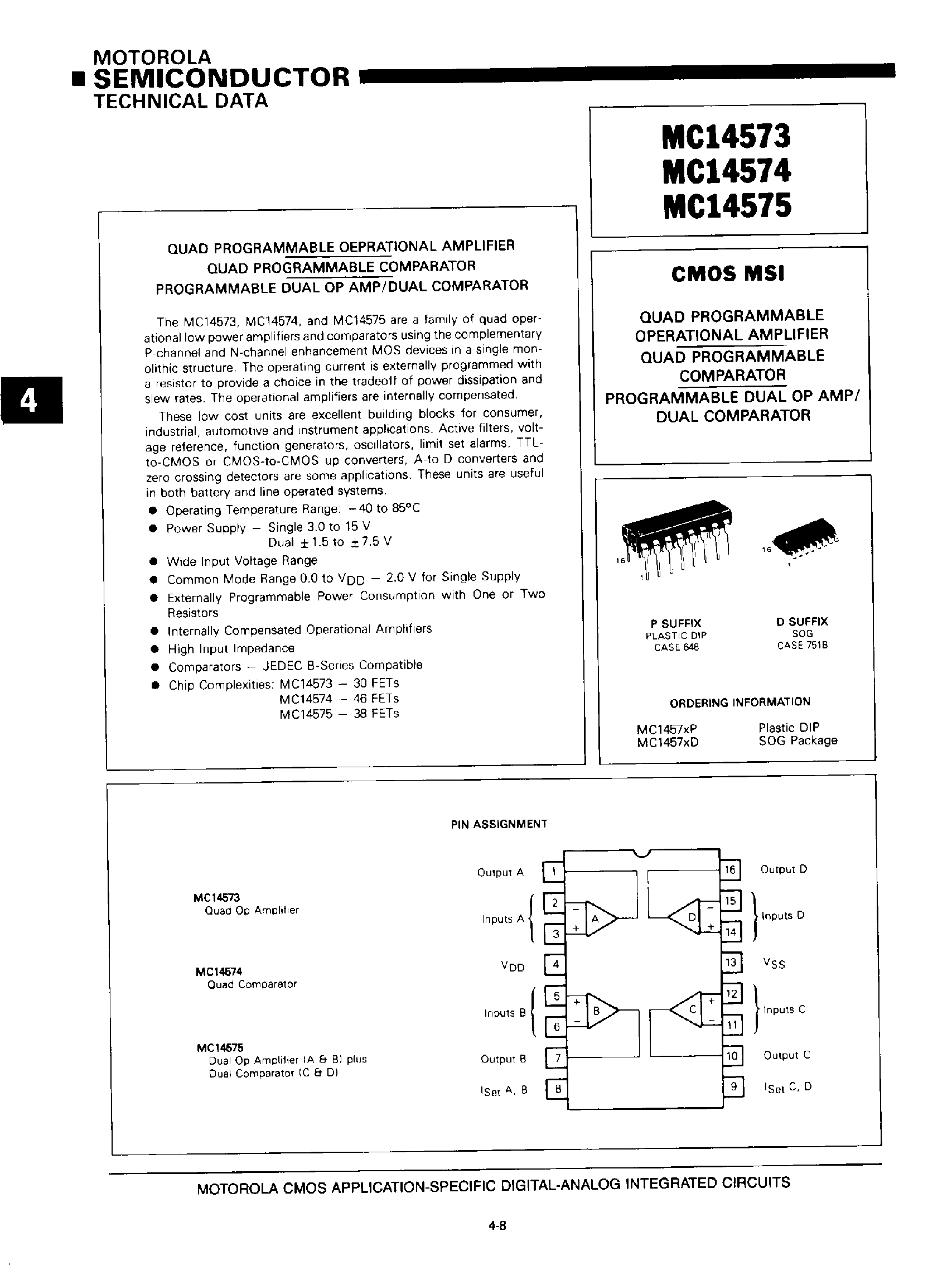 Datasheet MC14573 - (MC14574 / MC14575) CMOS MSI(PROGRAMMABLE DUAL OP AMP / DUAL COMPARATOR page 1