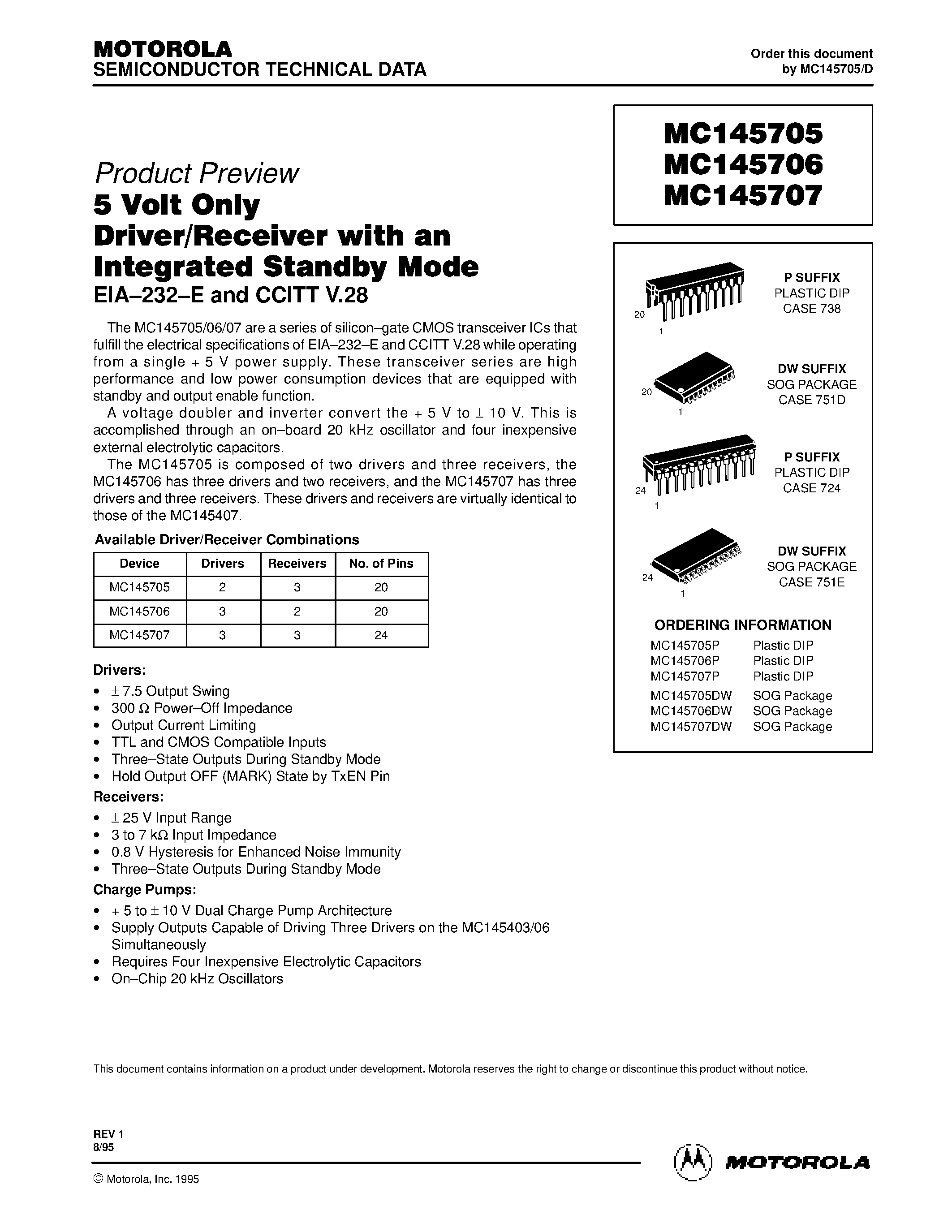 Datasheet MC145705 - (MC145706 / MC145707) 5 Volt Only Driver/Receiver with an Integrated Standby Mode page 1