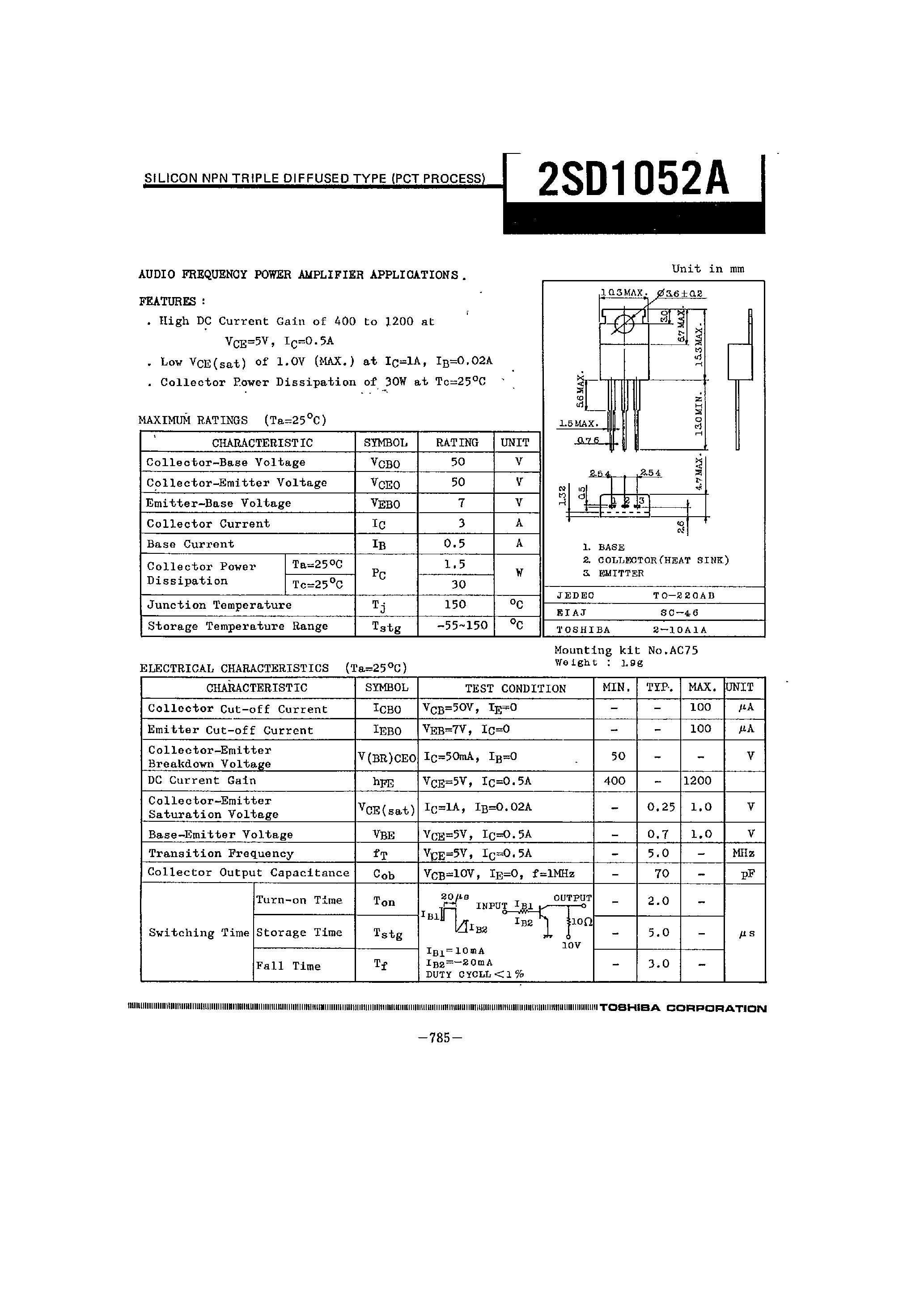 Datasheet 2SD1052A - SILICON NPN TRIPLE DIFFUSED TYPE (PCT PROCESS) page 1