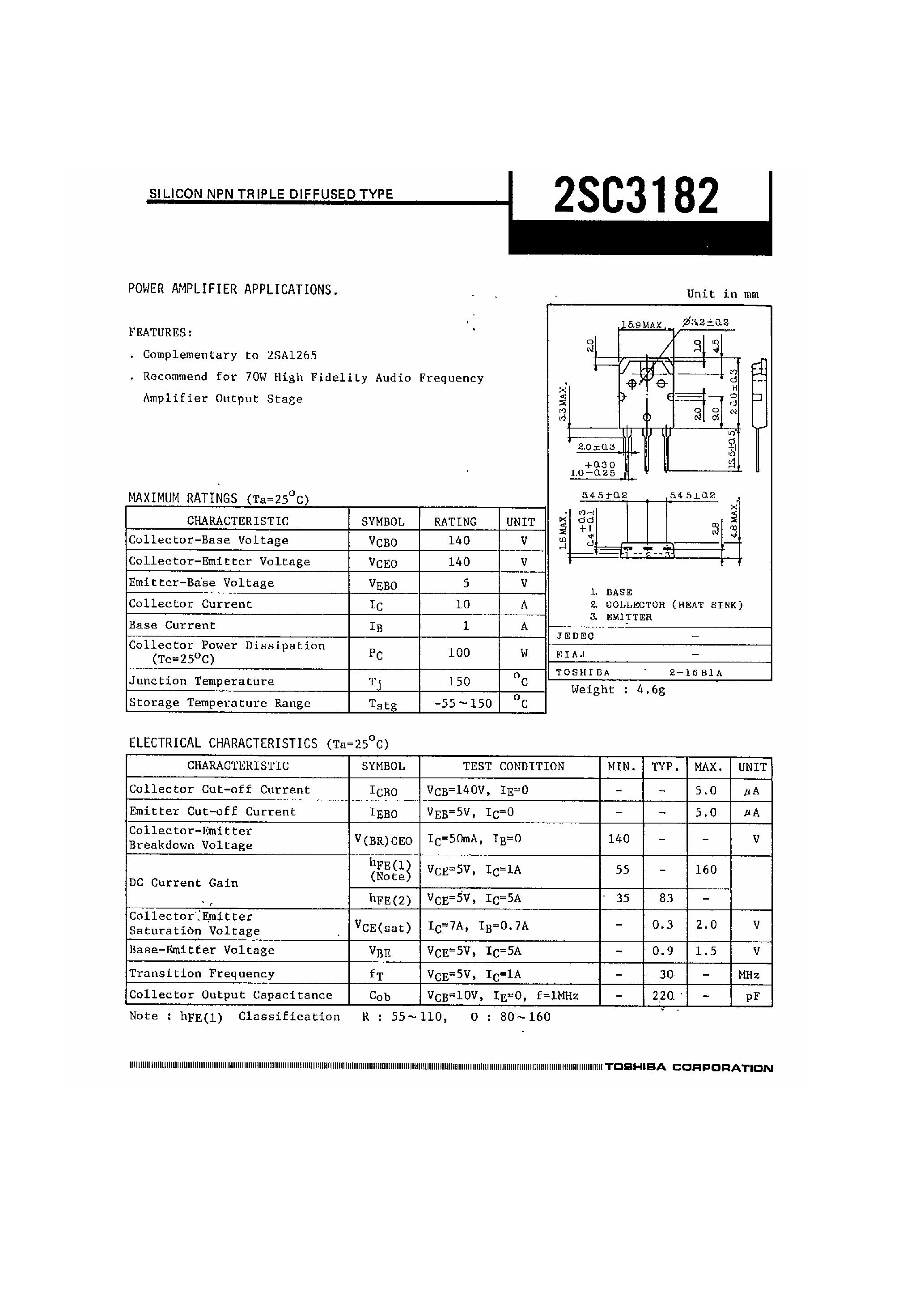 Даташит 2SC3182 - Power Amplifier Applications страница 1