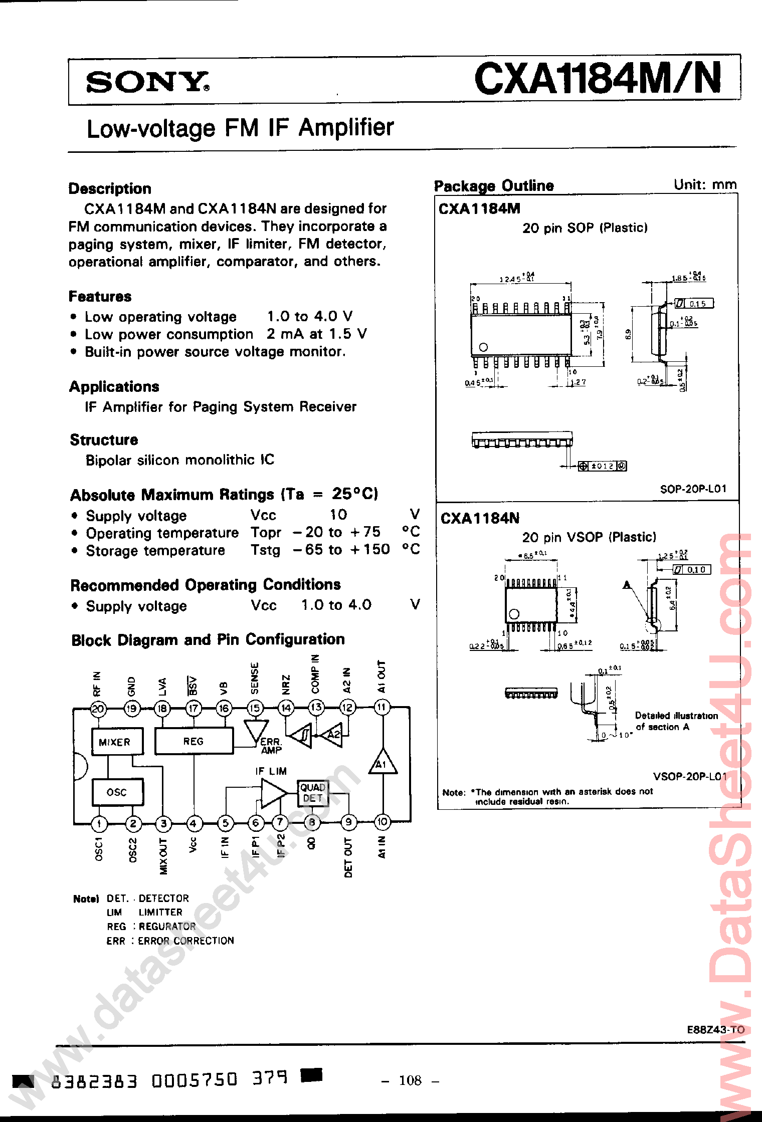 Даташит CXA1184 - Low Voltage FM IF Amplifier страница 1