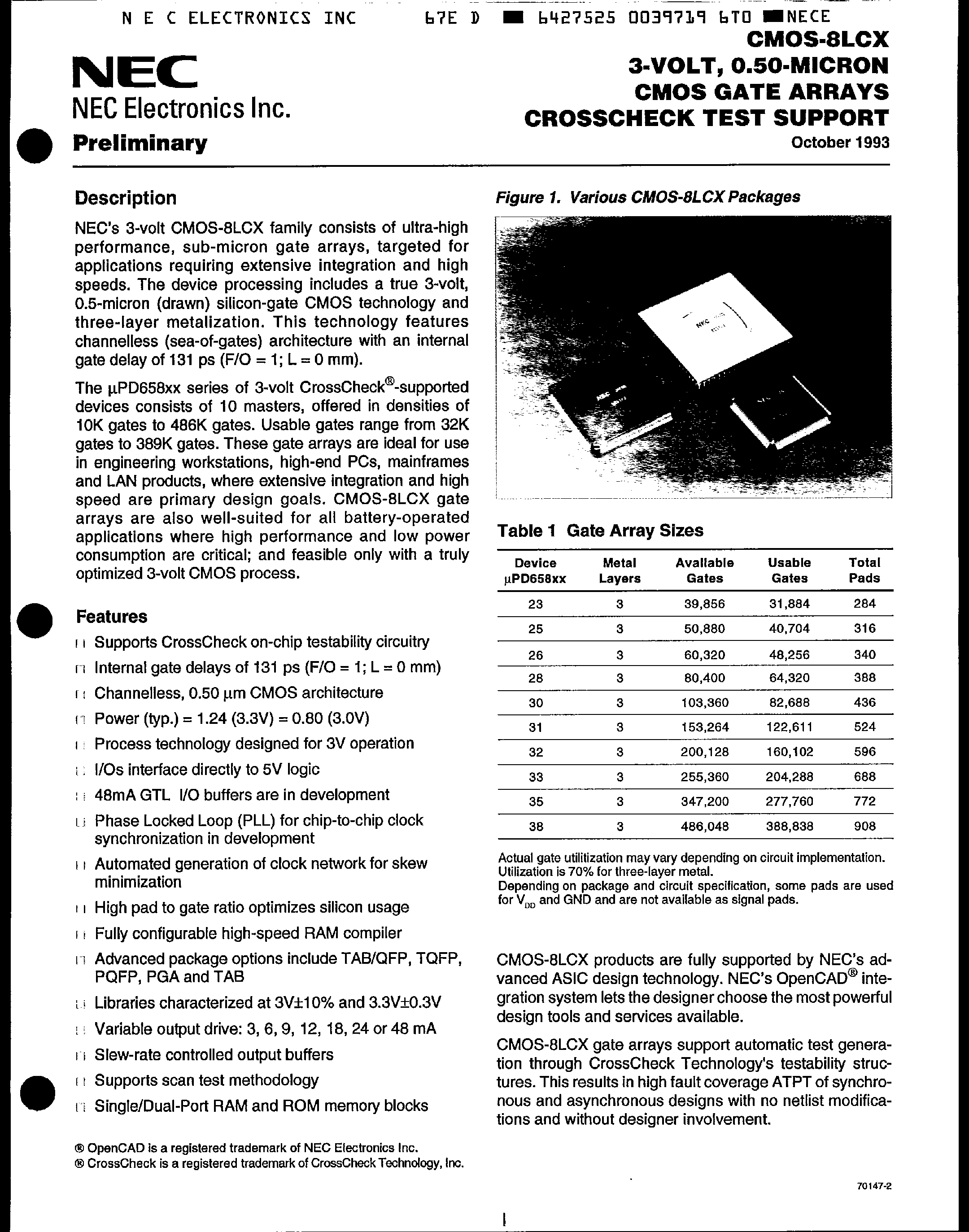 Даташит UPD652xx - CMOS 8 LCX 3 Volt / CMOS Gate Arrays Crosscheck Test Support страница 1