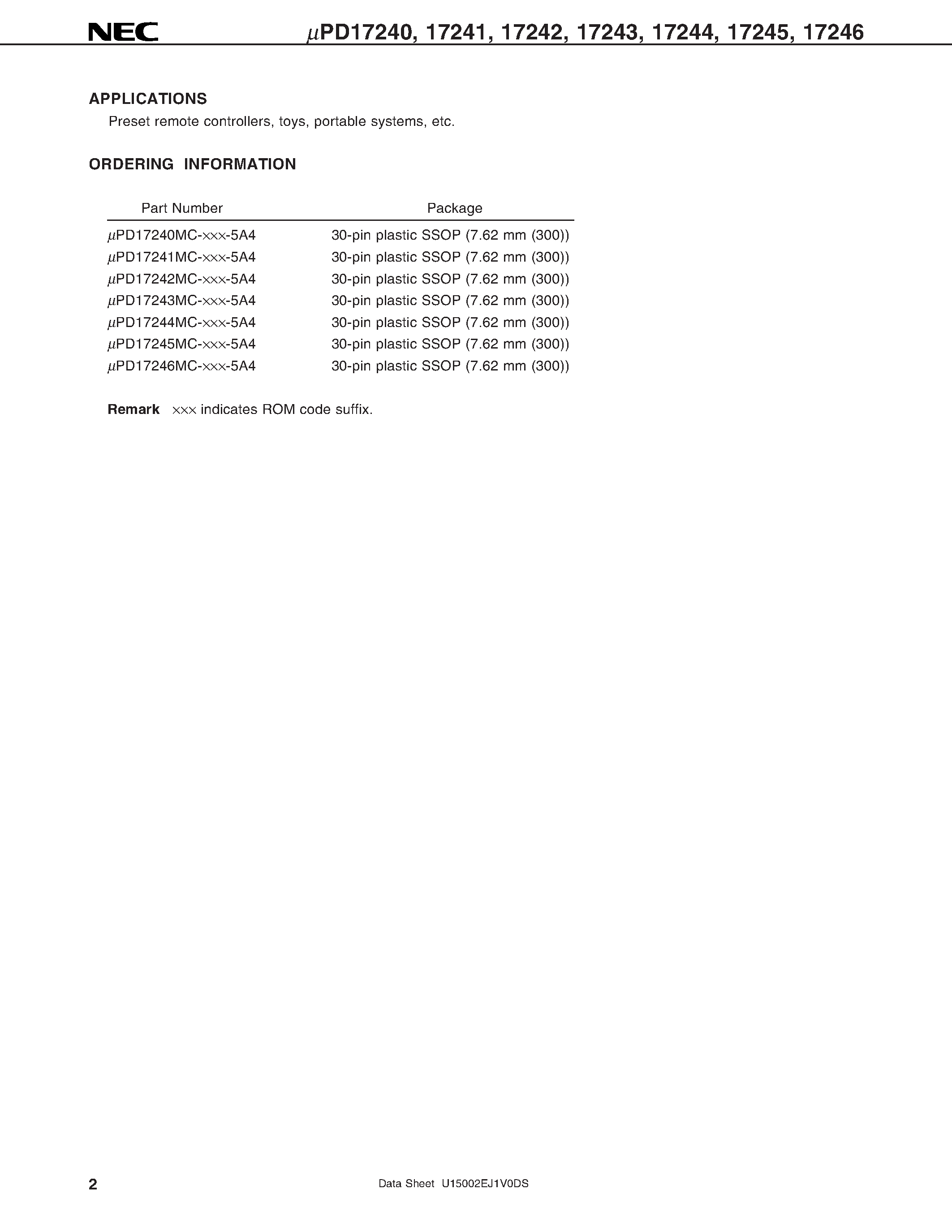 Datasheet UPD1724x - 4 Bit Single-Chip Microcontrollers page 2