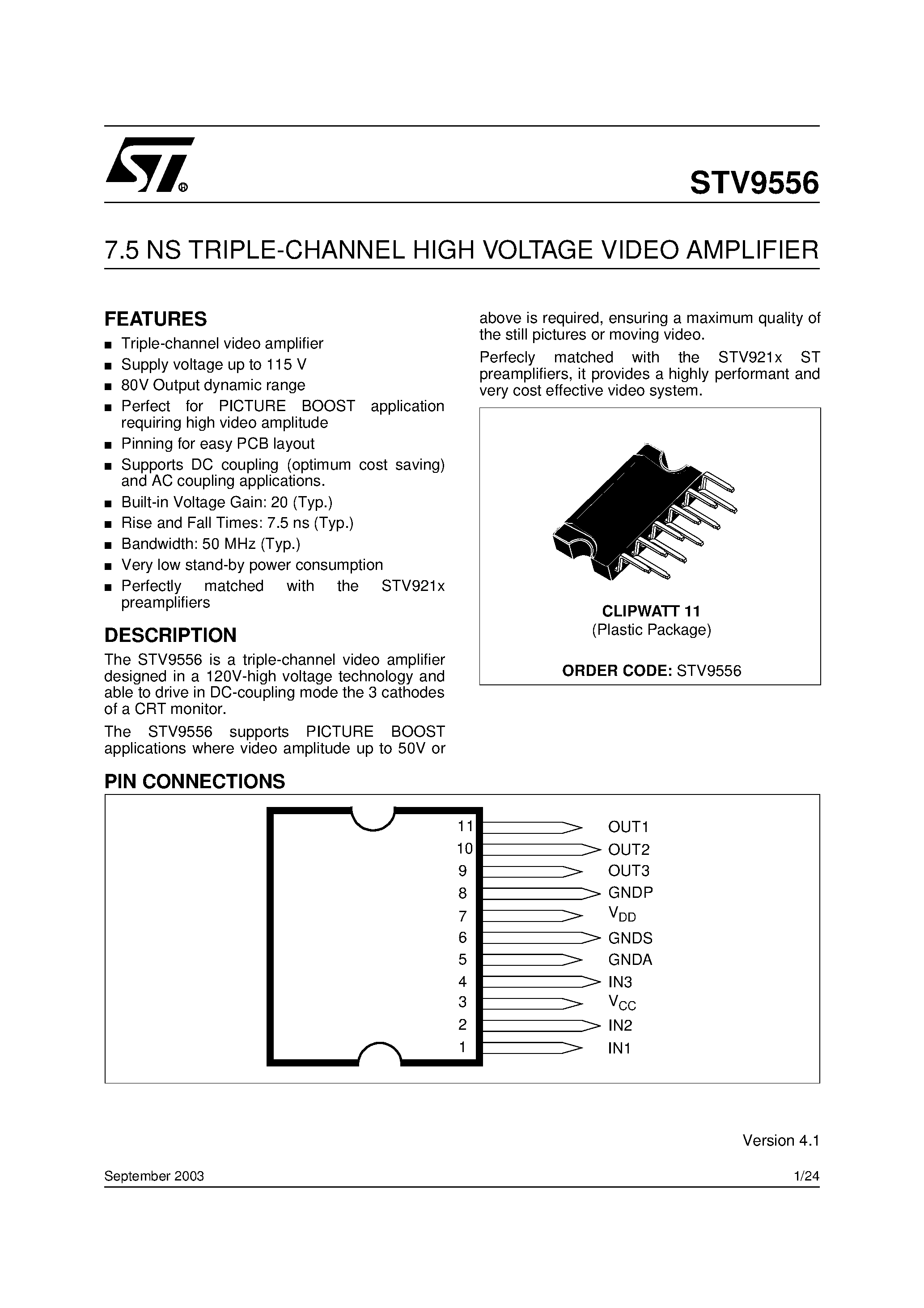 Datasheet STV9556 - 7.5 ns TRIPLE-CHANNEL HIGH VOLTAGE VIDEO AMPLIFIER page 1