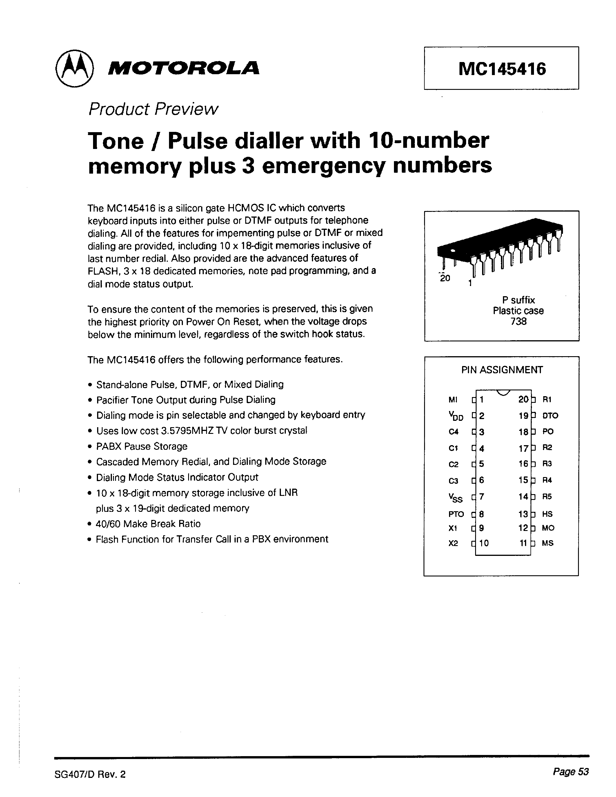 Даташит MC145416 - Tone/Pulse dialler with 10-number memory plus 3 emergency numbers страница 1