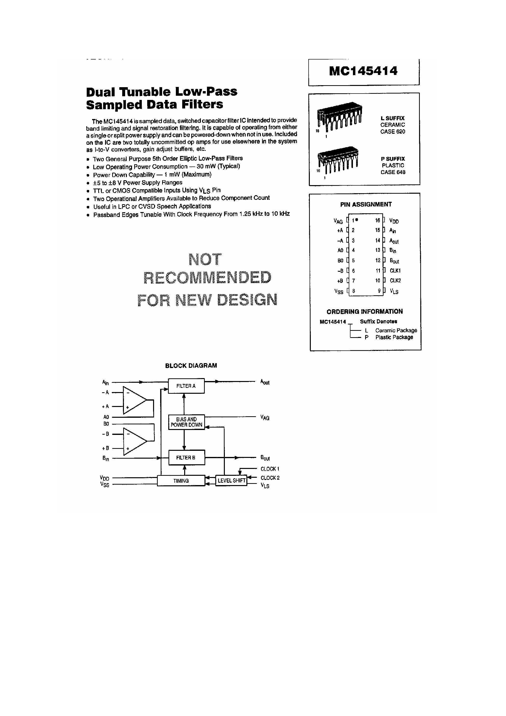 Даташит MC145414 - DUAL TUNALBLE LOW PASS SAMPLED DATA FILTERS страница 1
