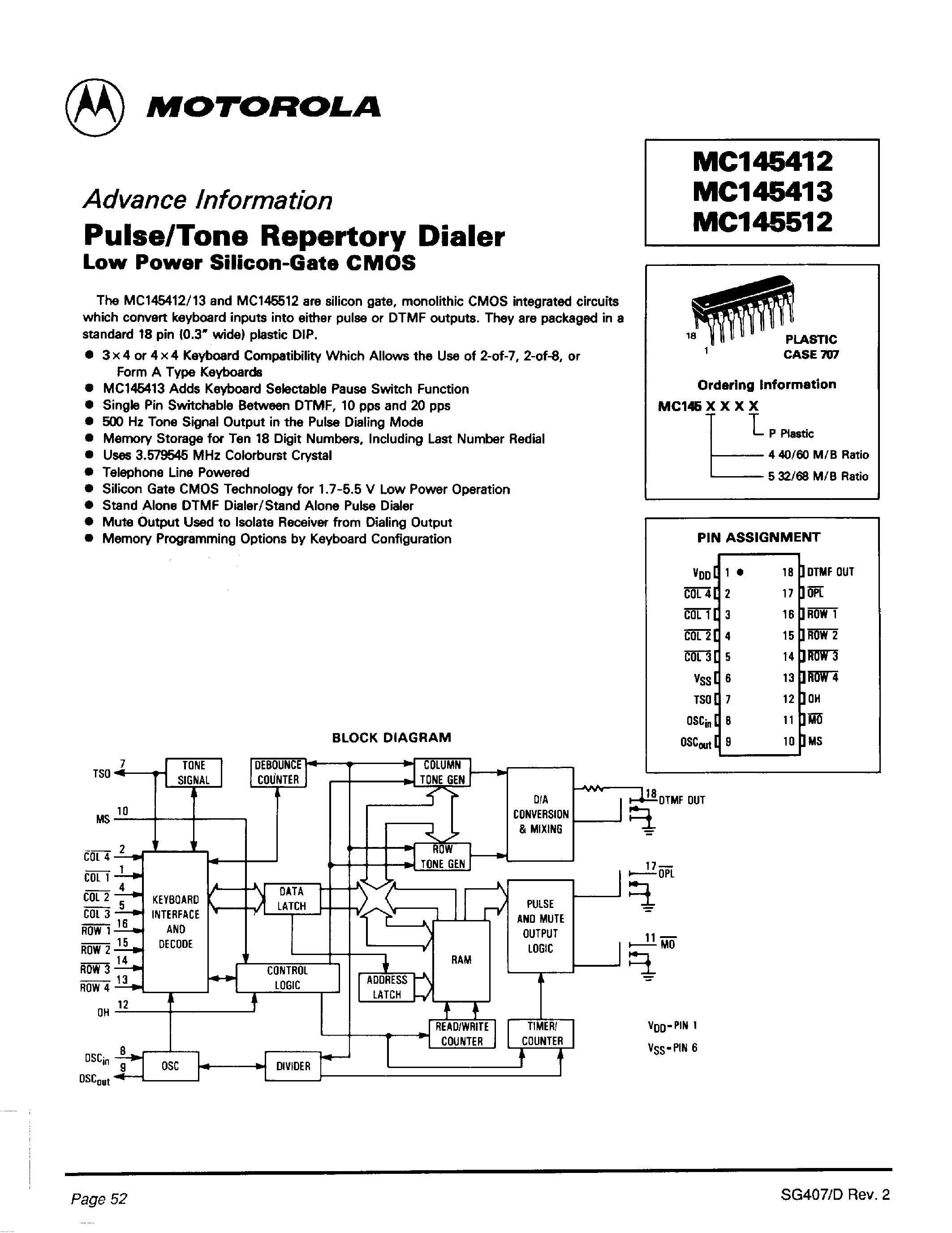 Даташит MC145412 - Pulse/Tone Repertory Dialer Low Power SIilicon-Gate CMOS страница 1