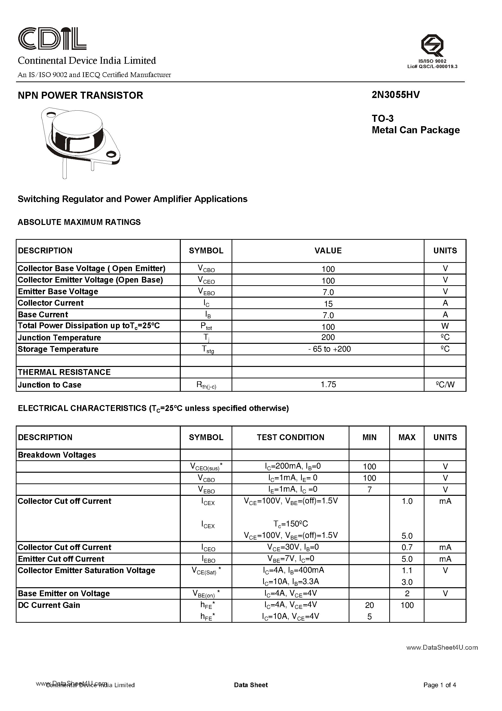 Даташит 2N3055HV - NPN Power Transistor страница 1