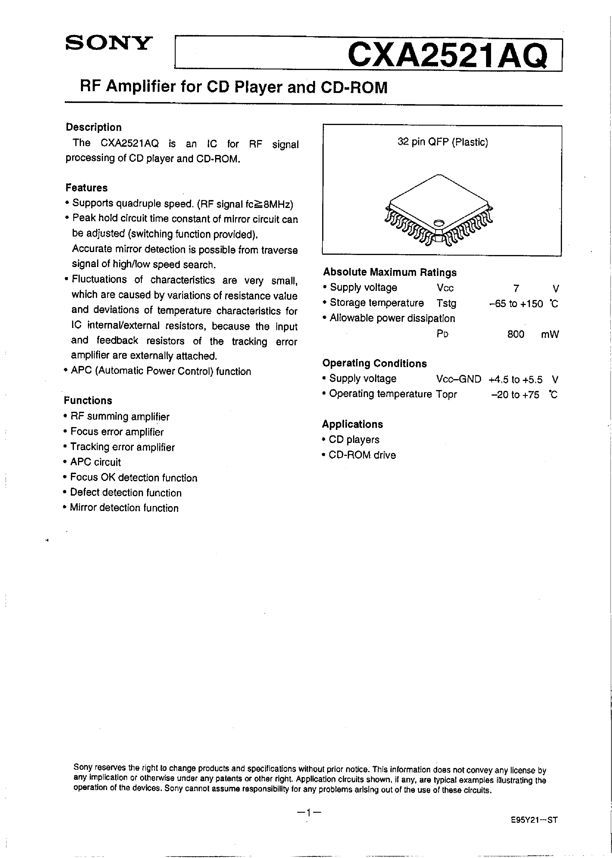 Datasheet CXA2521AQ - RF AMplifier for CD Player and CD-ROM page 1