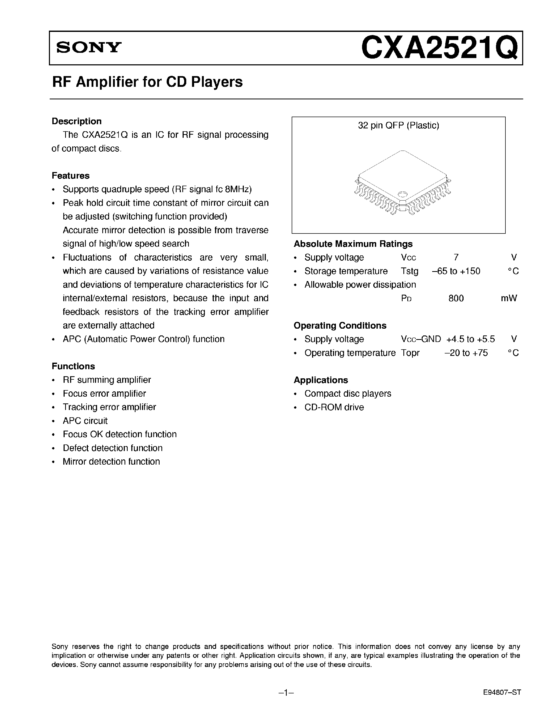 Datasheet CXA2521Q - RF AMplifier for CD Player page 1