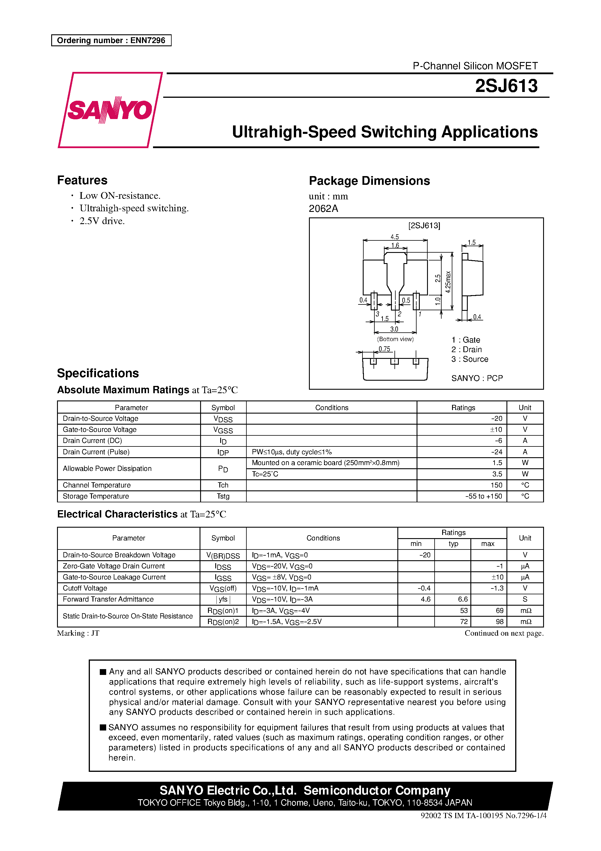 Datasheet 2SJ613 - Ultrahigh Speed Switching Applications page 1