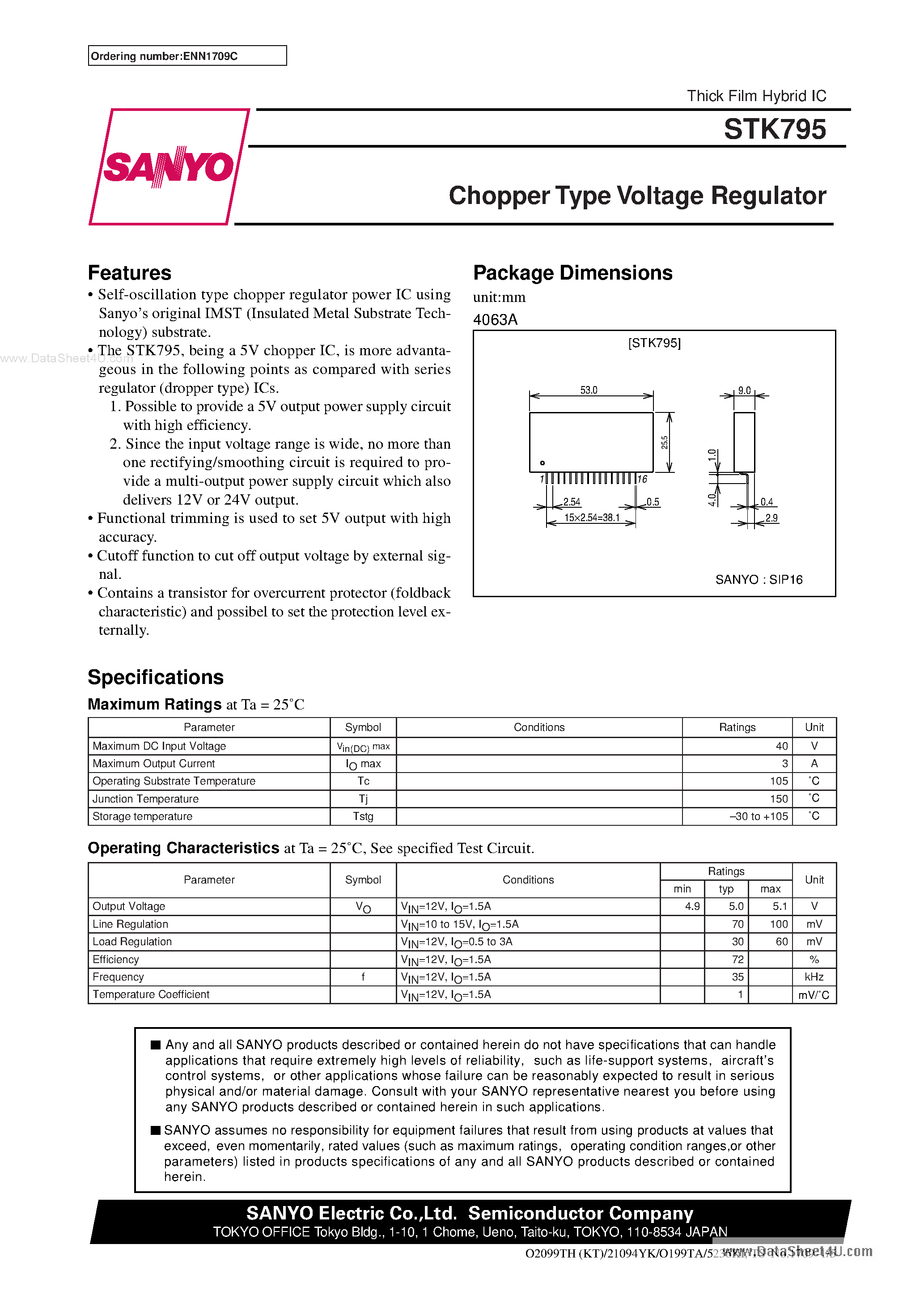 Datasheet STK795 - Chopper Type Voltage Regulator page 1