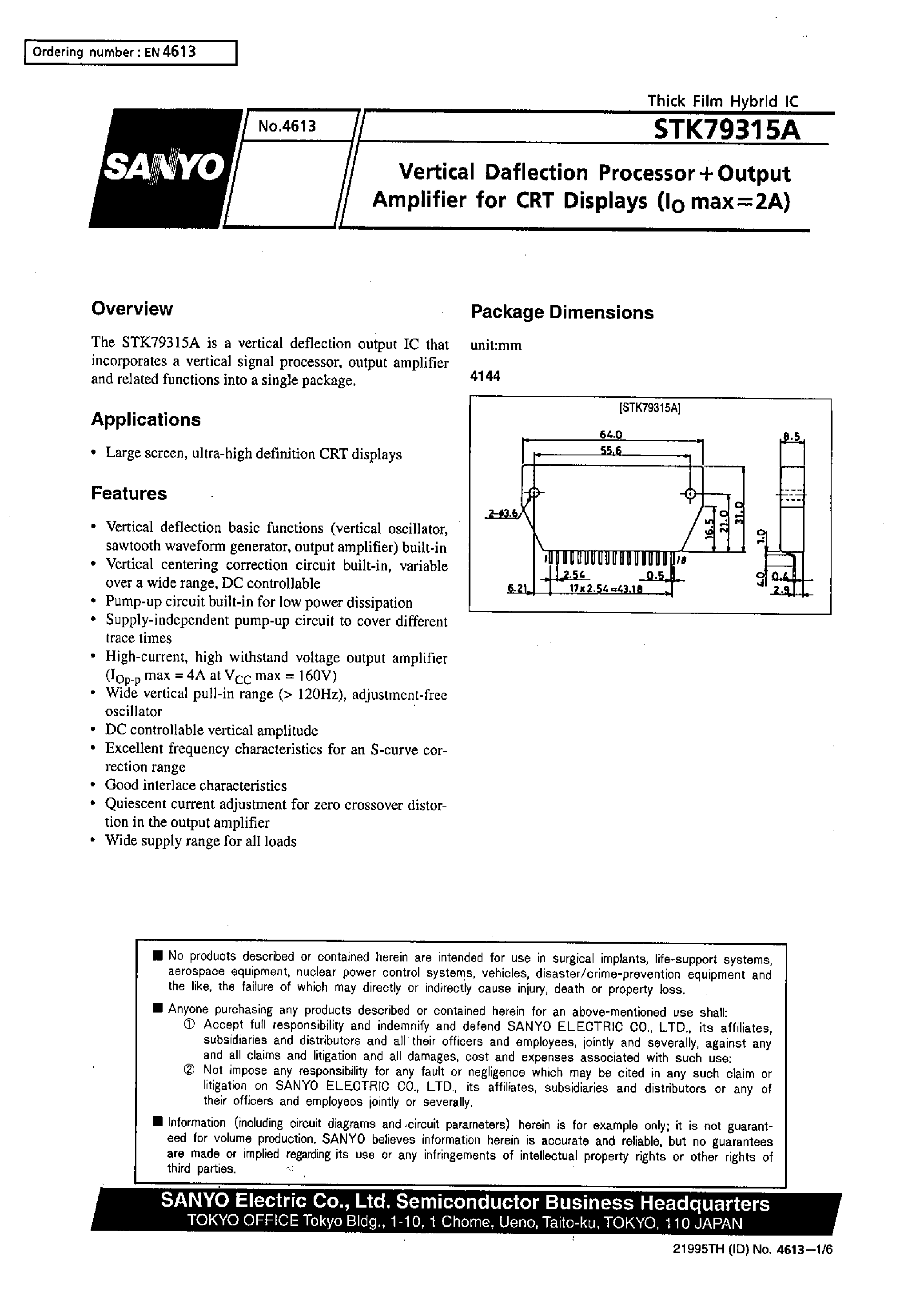 Datasheet STK79315A - Vertical Deflection Processor + Output Amplifier for CRT Displays page 1