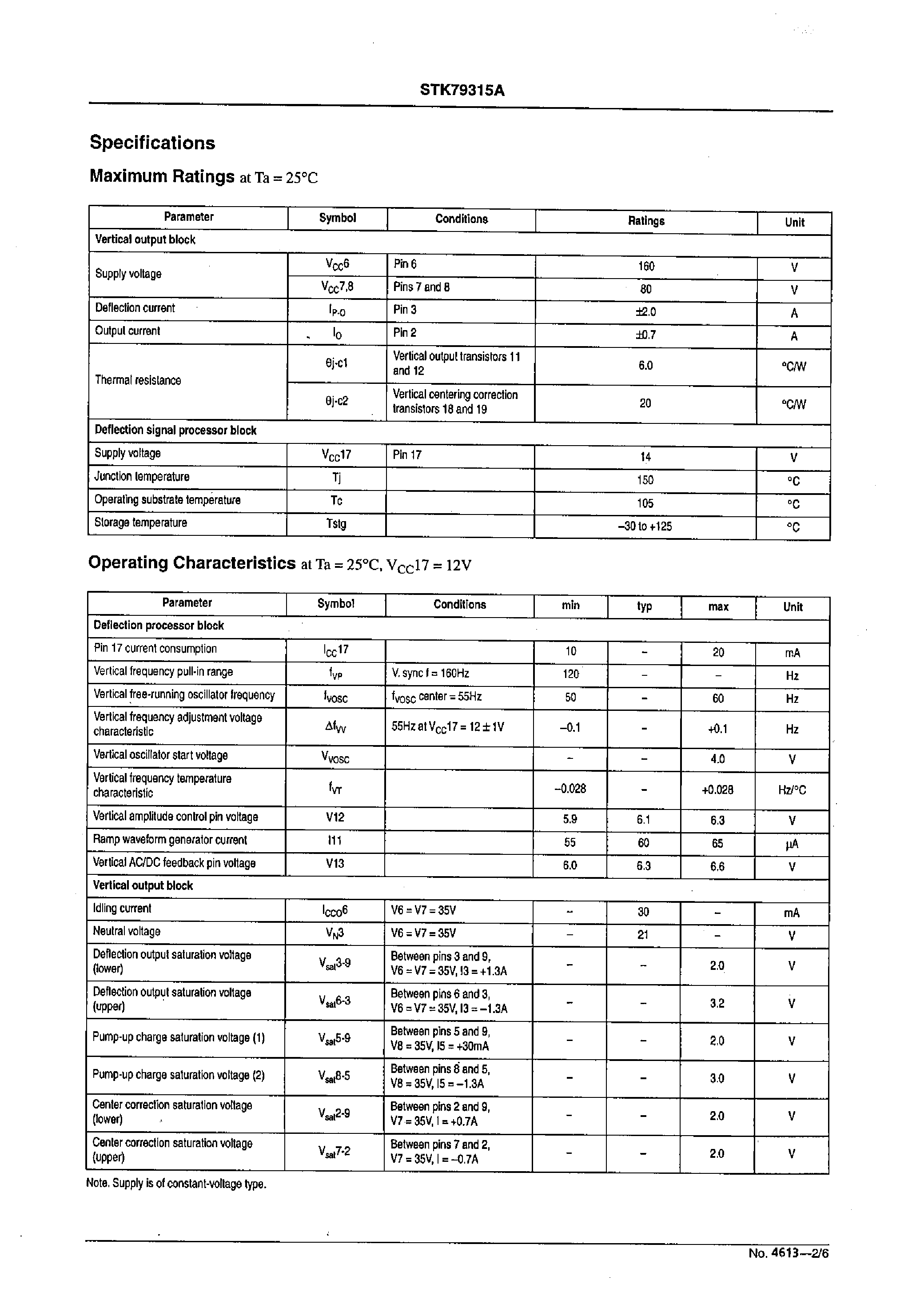 Datasheet STK79315A - Vertical Deflection Processor + Output Amplifier for CRT Displays page 2