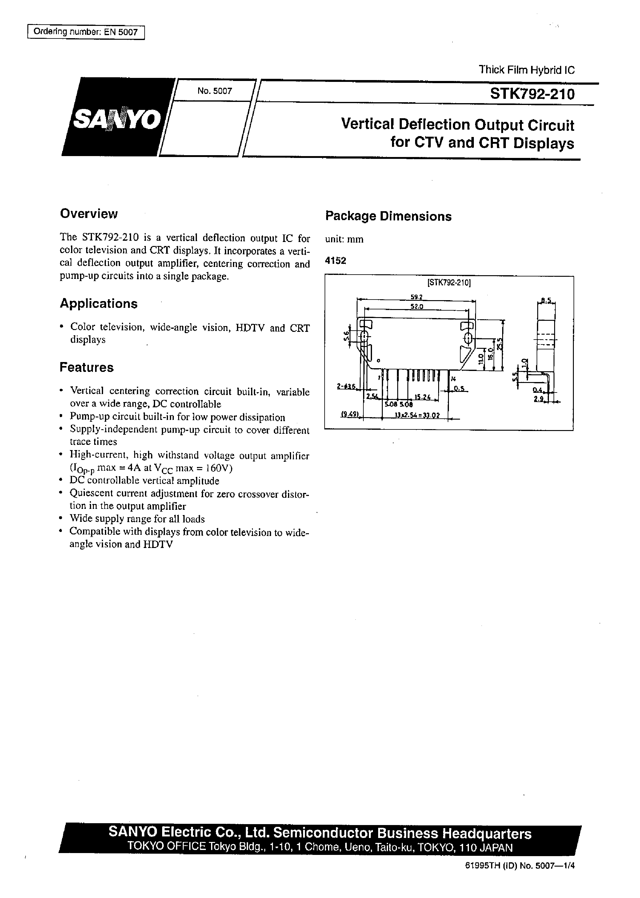 Datasheet STK792-210 - Vertical Deflection Output Circuit for CTV and CRT Displays page 1