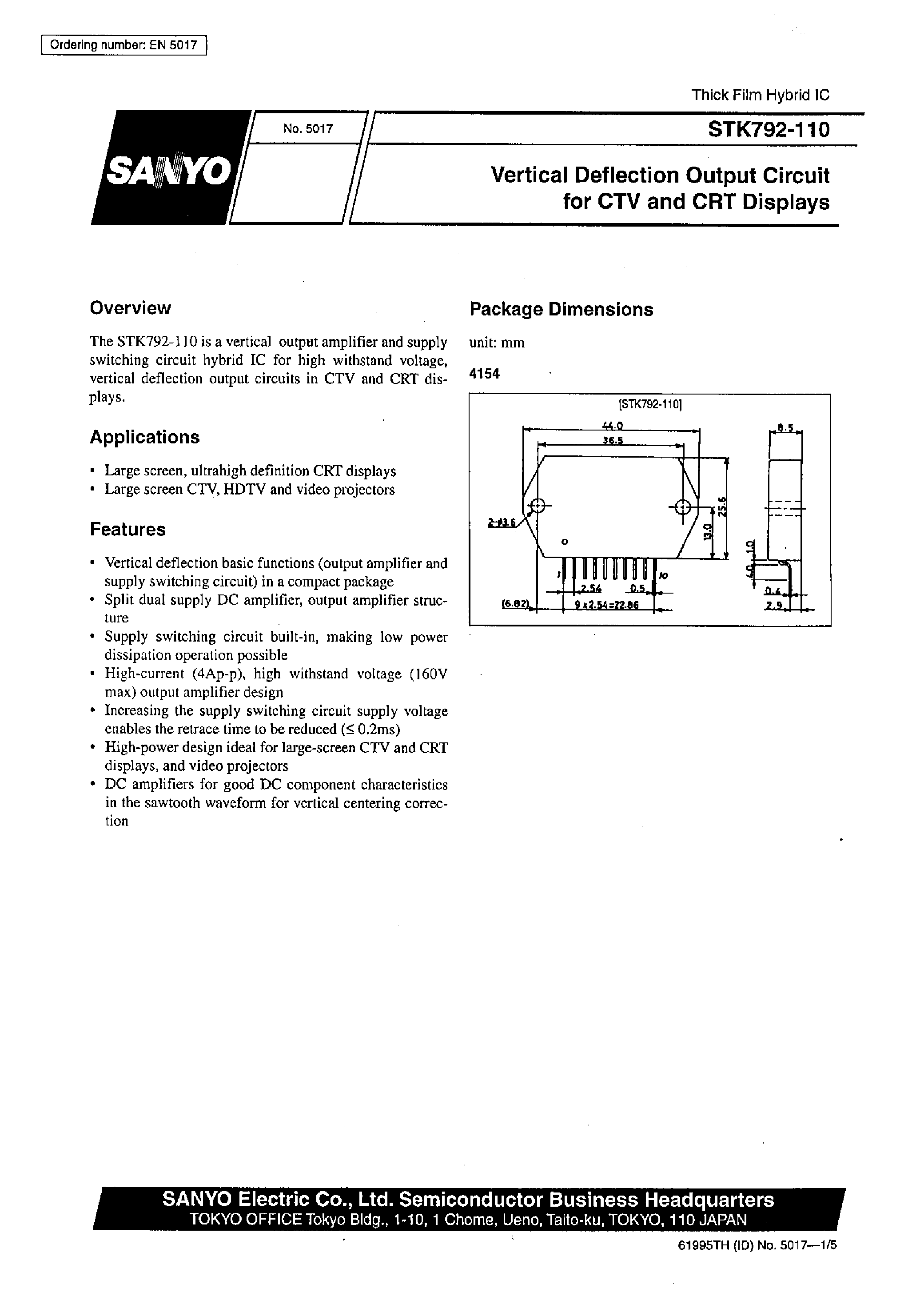 Datasheet STK792-110 - Vertical Deflection Output Circuit for CTV and CRT Displays page 1