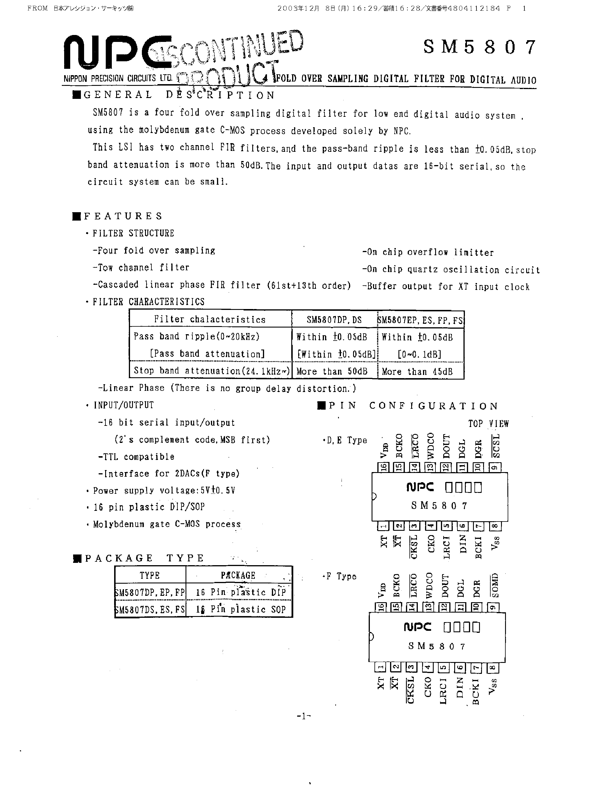 Datasheet SM5807 - 4 Fold Over Sampling Digital Filter page 1